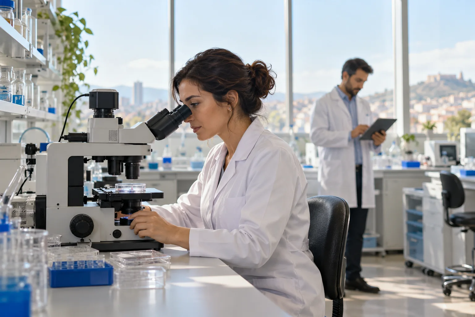 Aydınlık bir üreme araştırmaları laboratuvarında çalışan iki araştırmacı
