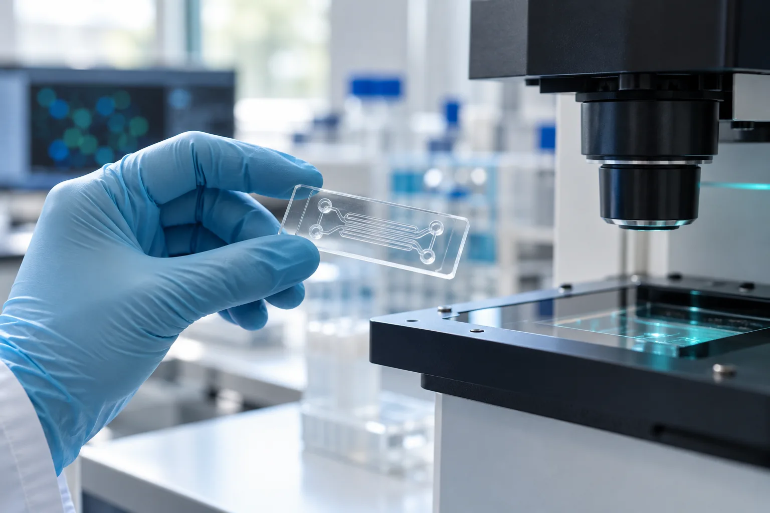 Optik görüntüleme cihazının yanında mikroakışkan araştırma lamı tutan eldivenli el