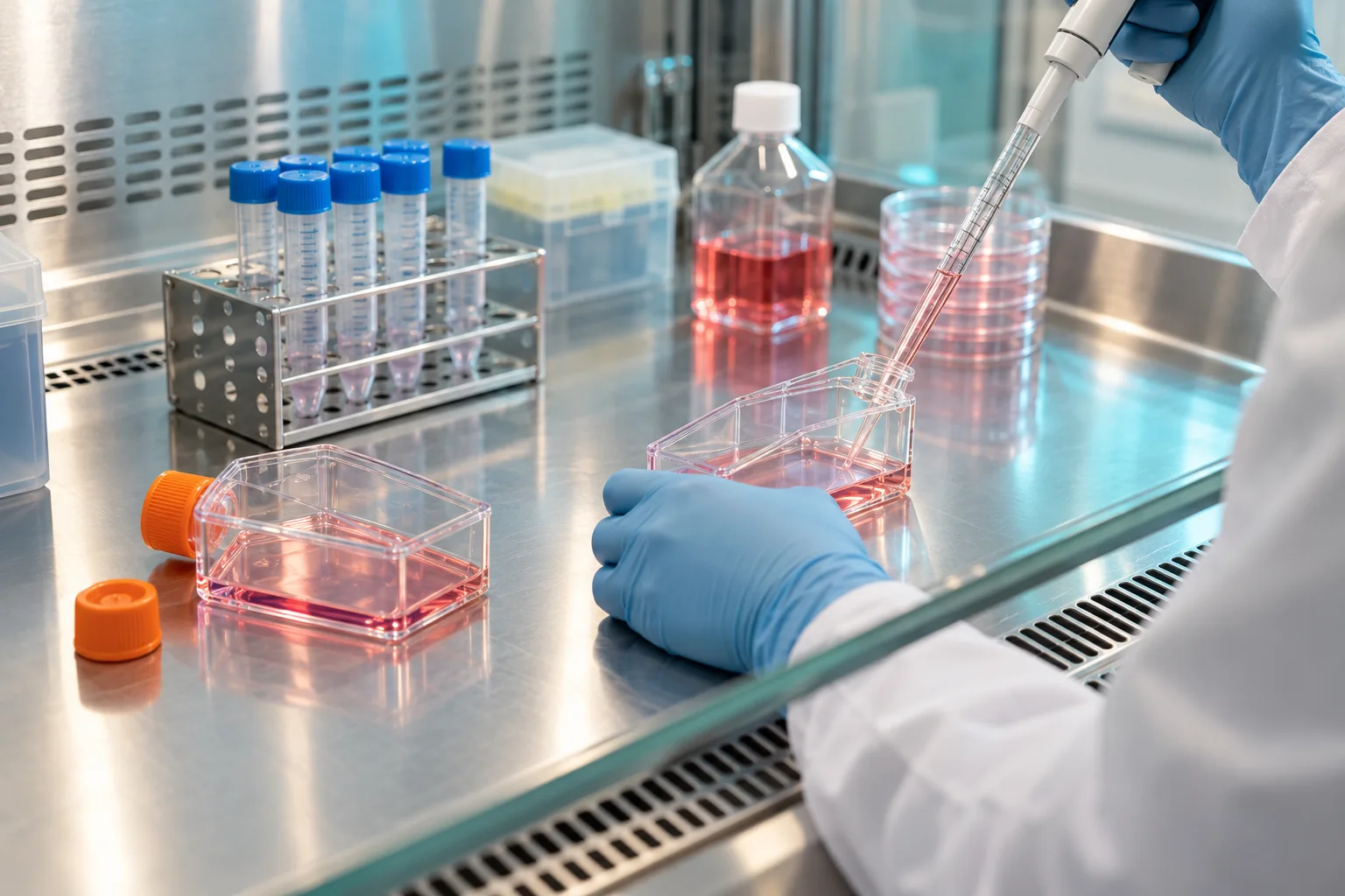 Hücre kültürü araştırma tezgâhında pipet ve kültür kaplarıyla çalışan eldivenli el