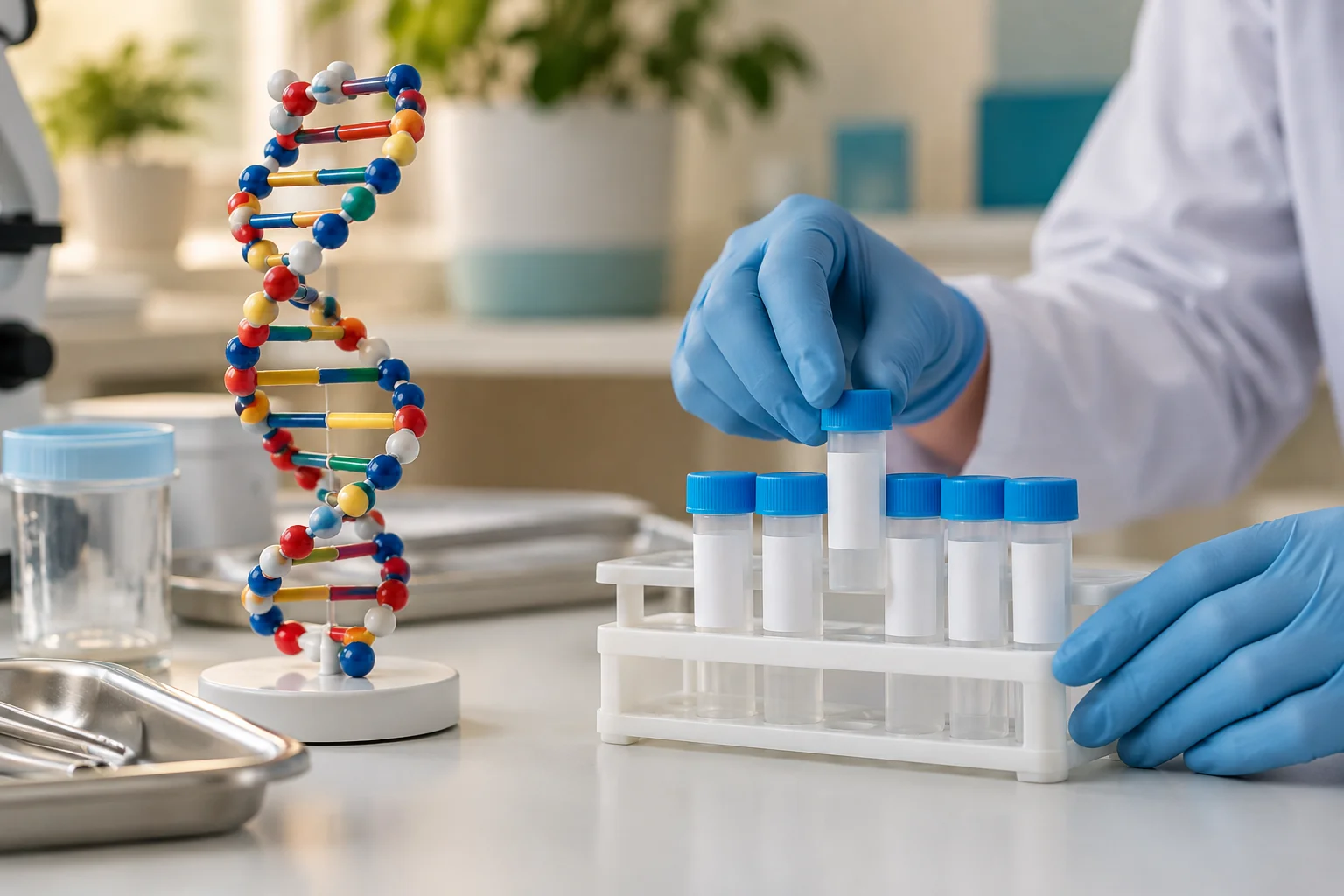 Genetik incelemeyi temsil eden DNA eğitim modeli ve laboratuvar örnekleri