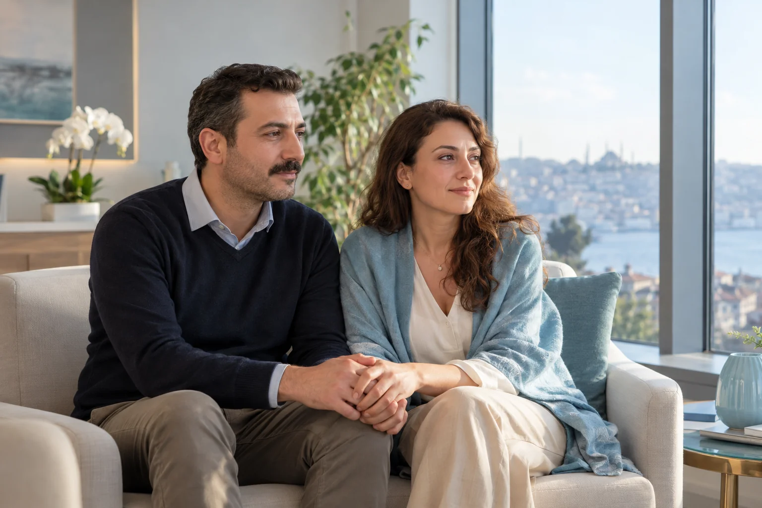 Aydınlık bir klinikte yan yana oturup birbirine destek olan bir çift