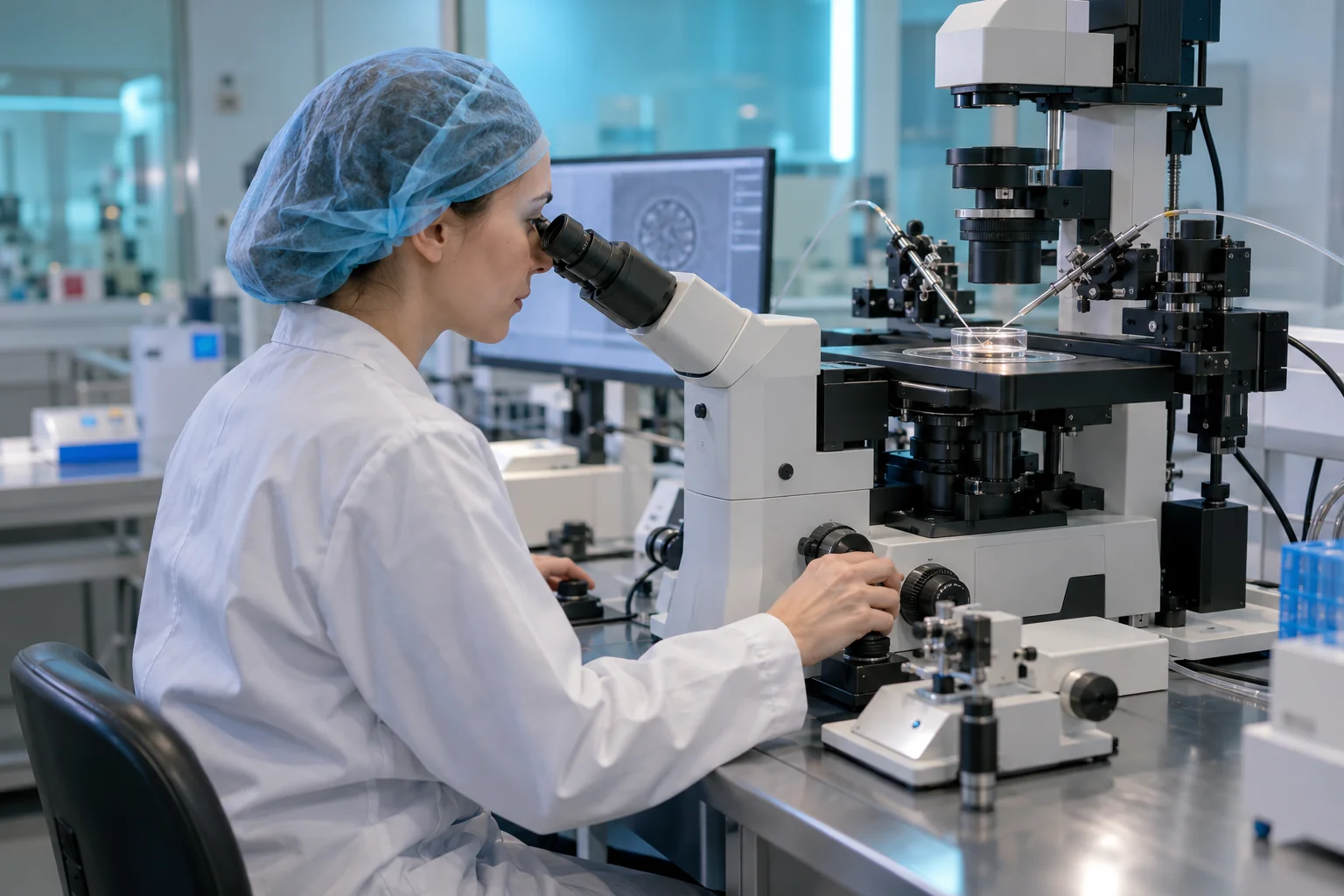 Bir IVF laboratuvarında mikroenjeksiyon ekipmanıyla çalışan embriyolog