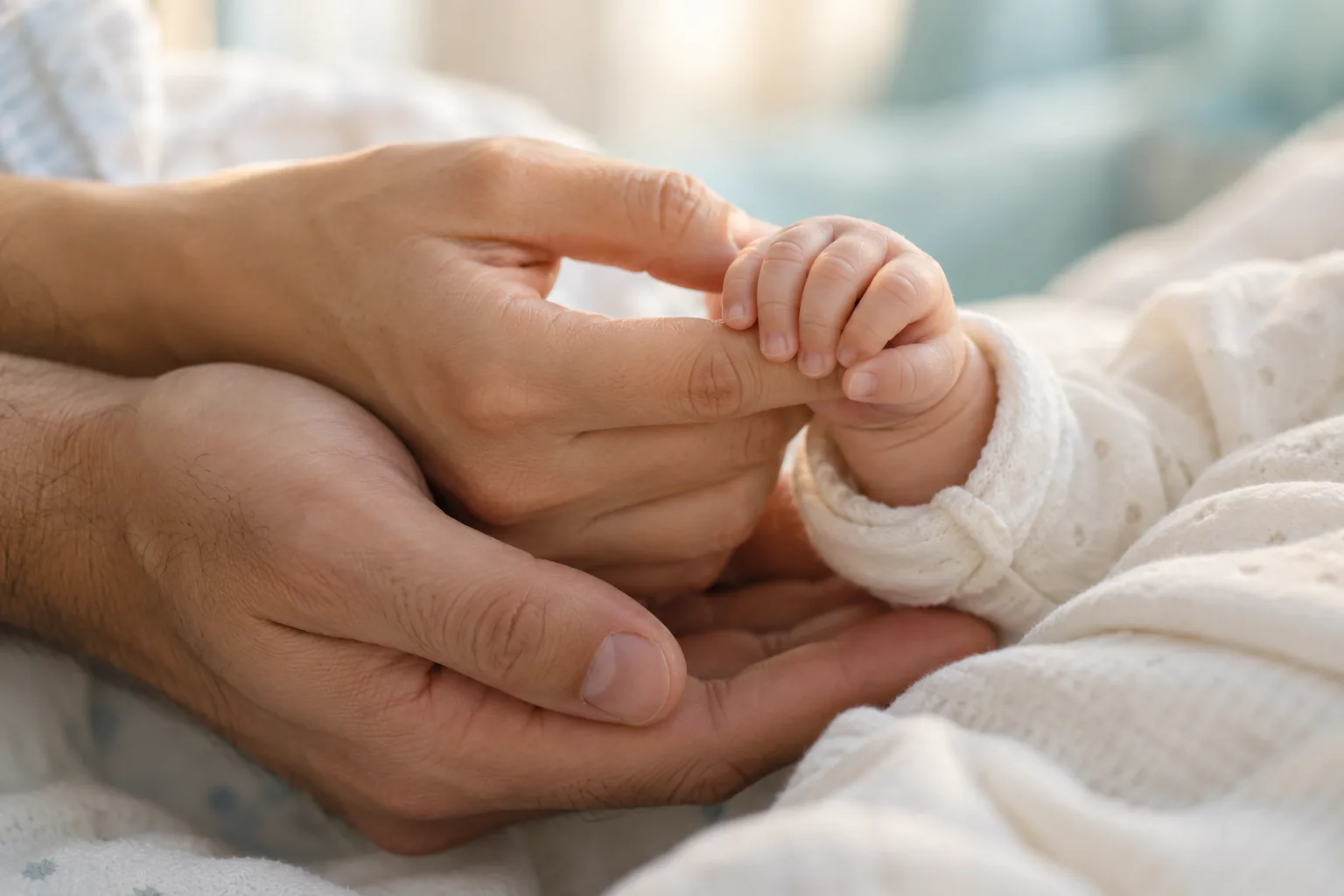 Annesinin parmağını tutan bebeğin elini destekleyen anne ve baba elleri