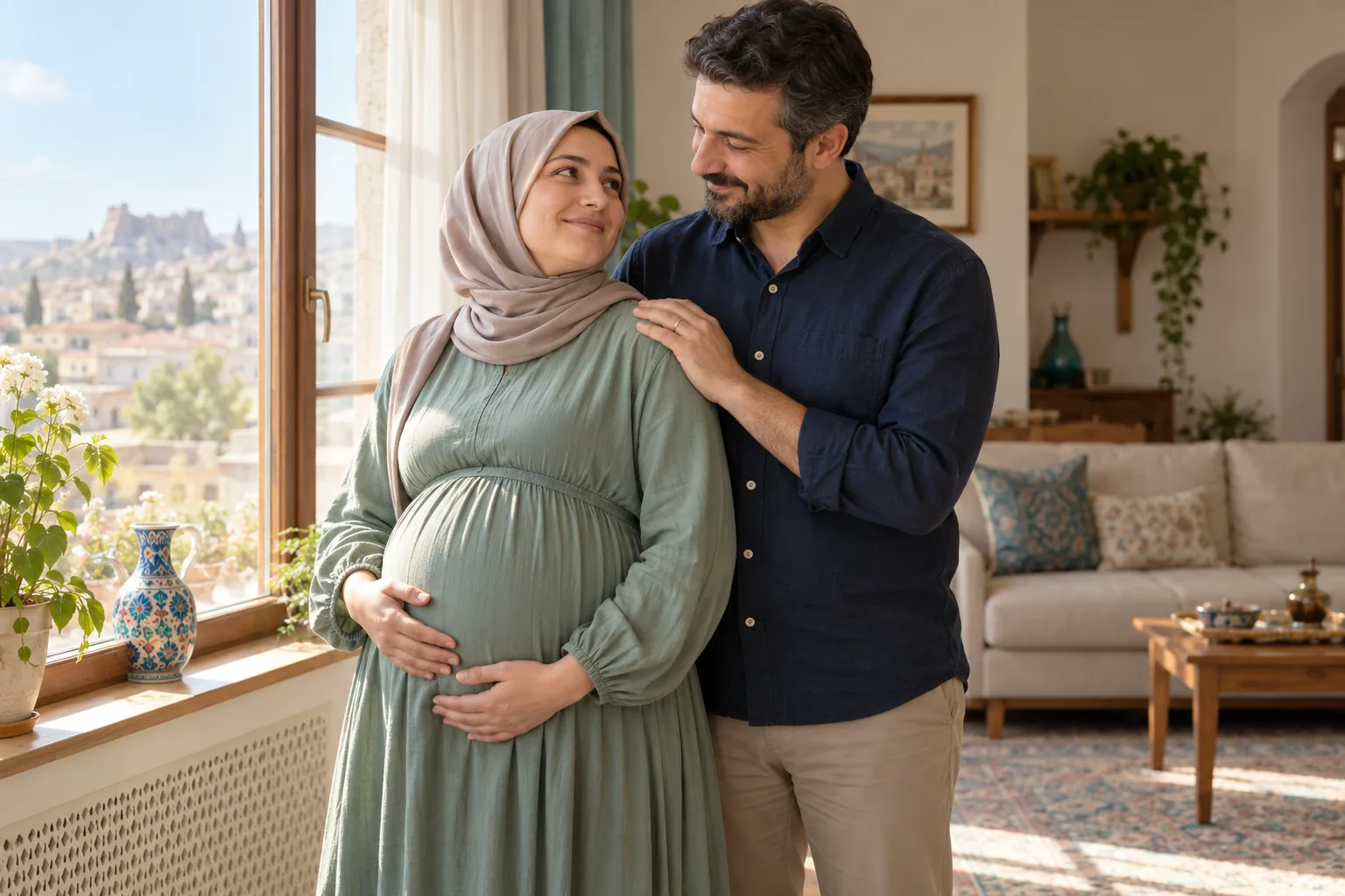 Gün ışığında yan yana duran hamile kadın ve eşi