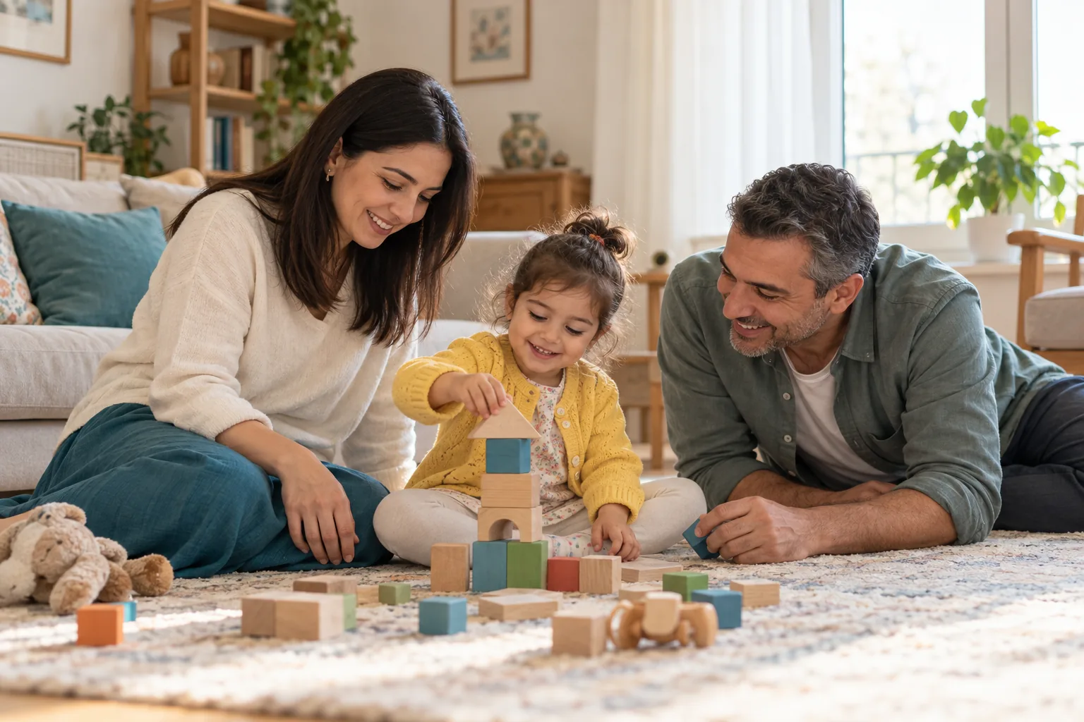 Küçük çocuklarıyla evde oyun oynayan anne ve baba