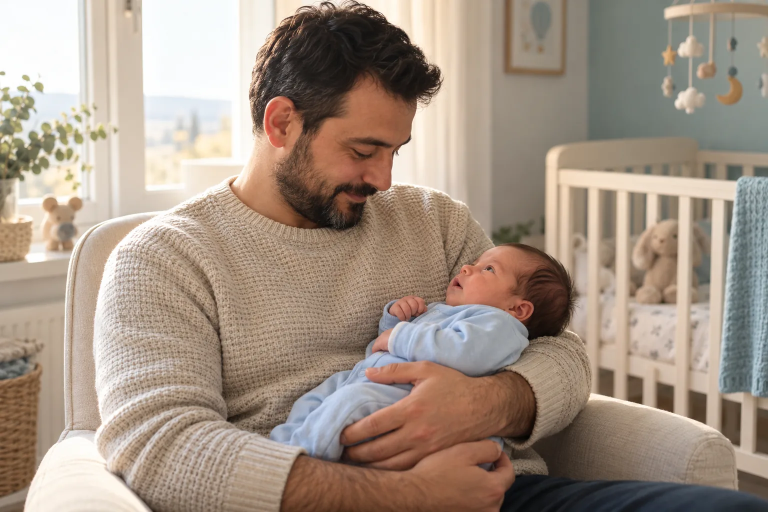 Kucağındaki yenidoğan bebeğine sevgiyle bakan baba