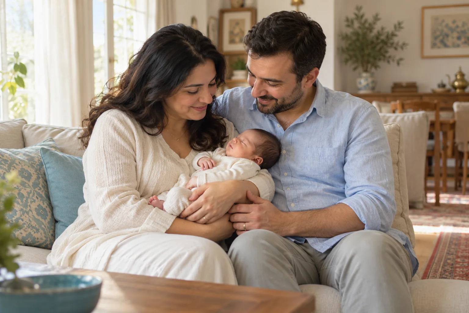 Yenidoğan bebeğini birlikte kucaklayan anne ve baba