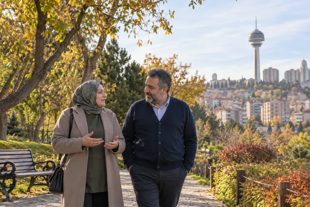 Ein erwachsenes Paar in Alltagskleidung bespricht Termine nahe dem Botanik-Park in Ankara; im Hintergrund ist der Atakule zu sehen.