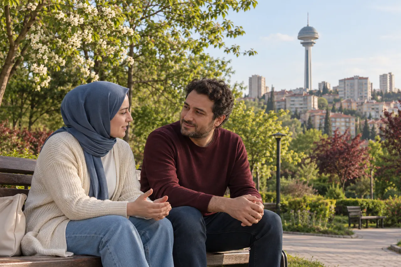 Una pareja adulta con ropa cotidiana conversa sobre sus citas cerca del parque Botanik de Ankara, con Atakule visible a lo lejos.