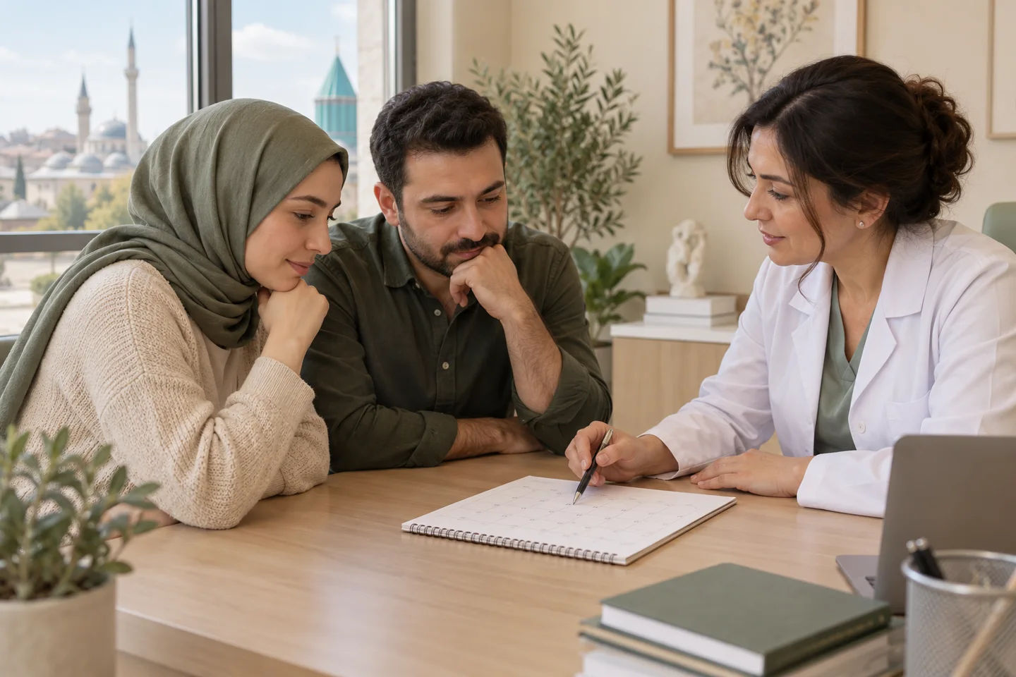 Tedavi planını sağlık çalışanıyla konuşan yetişkin çift