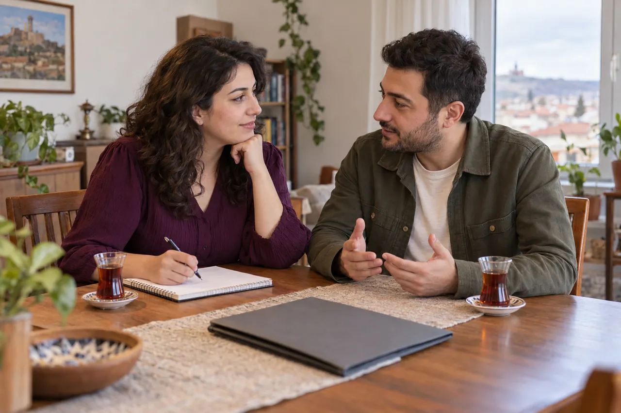 An adult couple in everyday clothes prepares appointment notes and questions about a treatment budget at a quiet table.