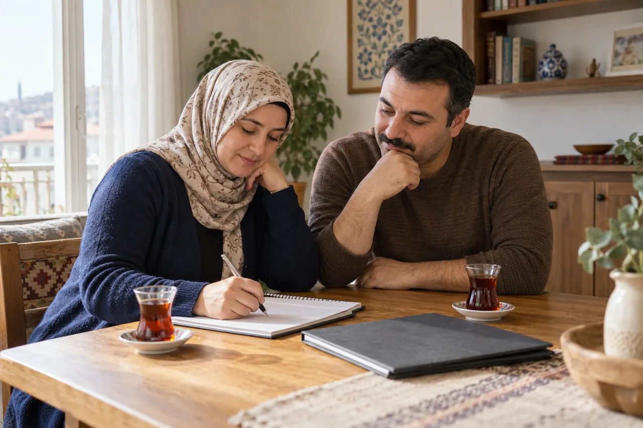 Günlük kıyafetleri içindeki yetişkin bir çift, sakin bir masada randevu notlarını ve tedavi bütçesine ilişkin sorularını birlikte hazırlıyor.
