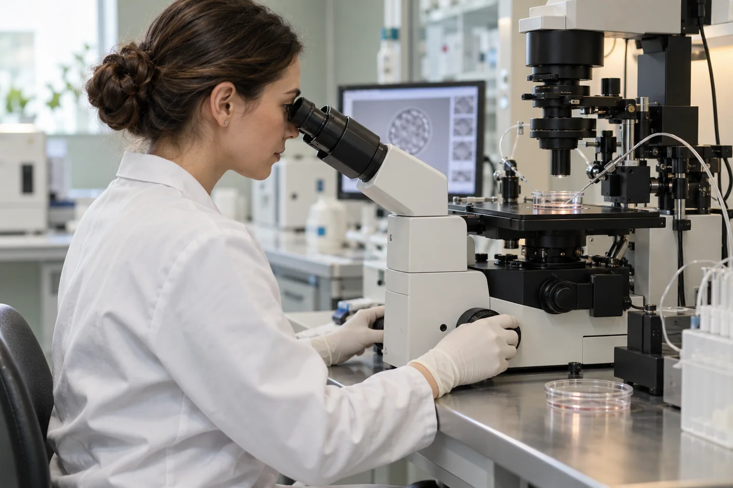 أخصائية أجنة تعمل بالمجهر في مختبر IVF