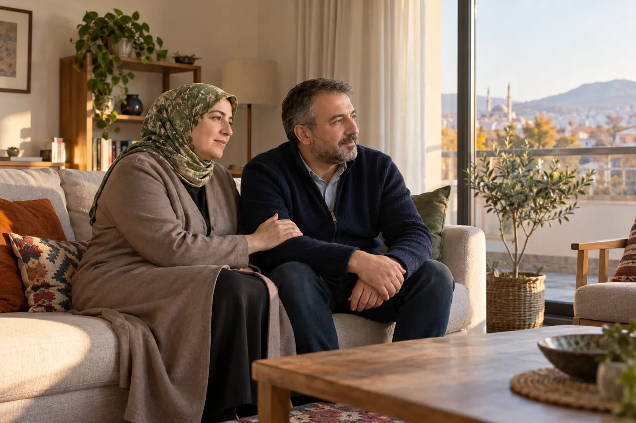 Ein erwachsenes Paar in Alltagskleidung sitzt unterstützend beieinander in einem ruhigen hellen Wohnraum mit natürlichem Fensterlicht.