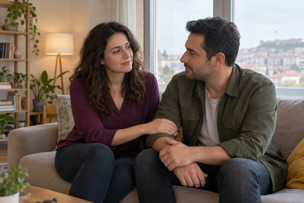 An adult couple in everyday clothes sits together supportively in a quiet, light-coloured home with natural window light.