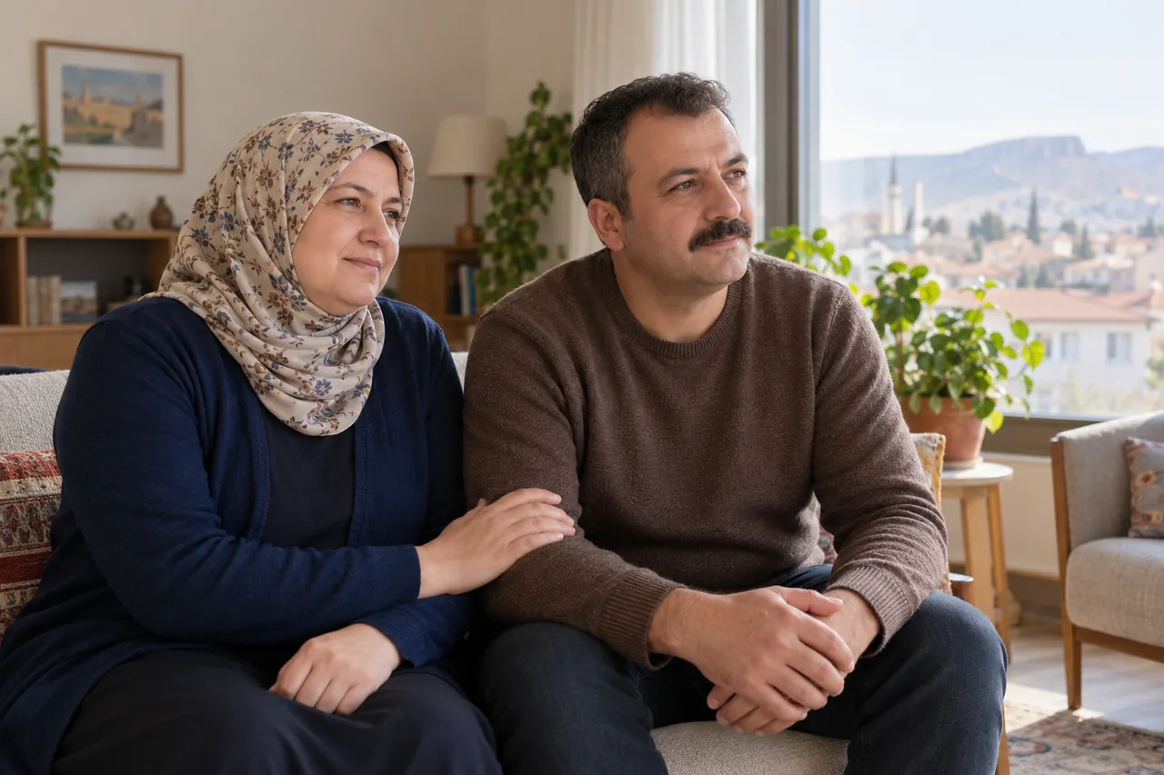 Günlük kıyafetli yetişkin bir çift, açık renkli sakin bir ev ortamında pencereden gelen doğal ışıkta birbirine destek olarak oturuyor.
