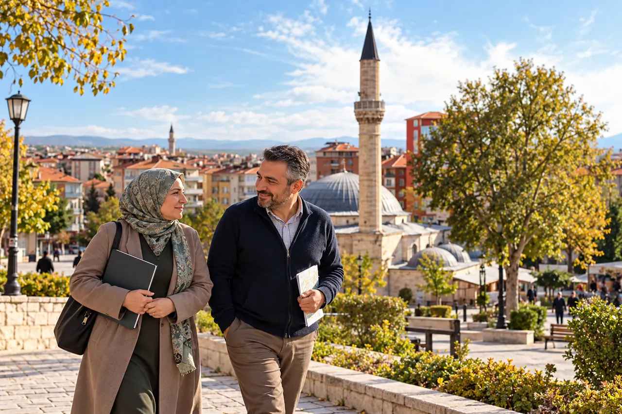 Ein erwachsenes Paar geht mit geschlossener Mappe und Reisenotizen für einen auswärtigen Termin in der Umgebung der Aktekke in Karaman spazieren.