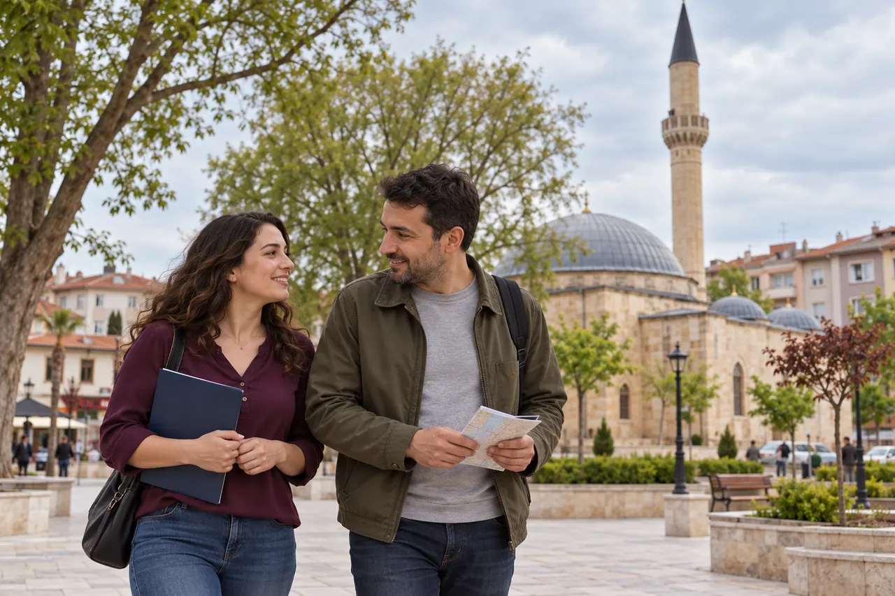An adult couple walks near Aktekke in Karaman carrying a closed folder and travel notes for an appointment in another city.