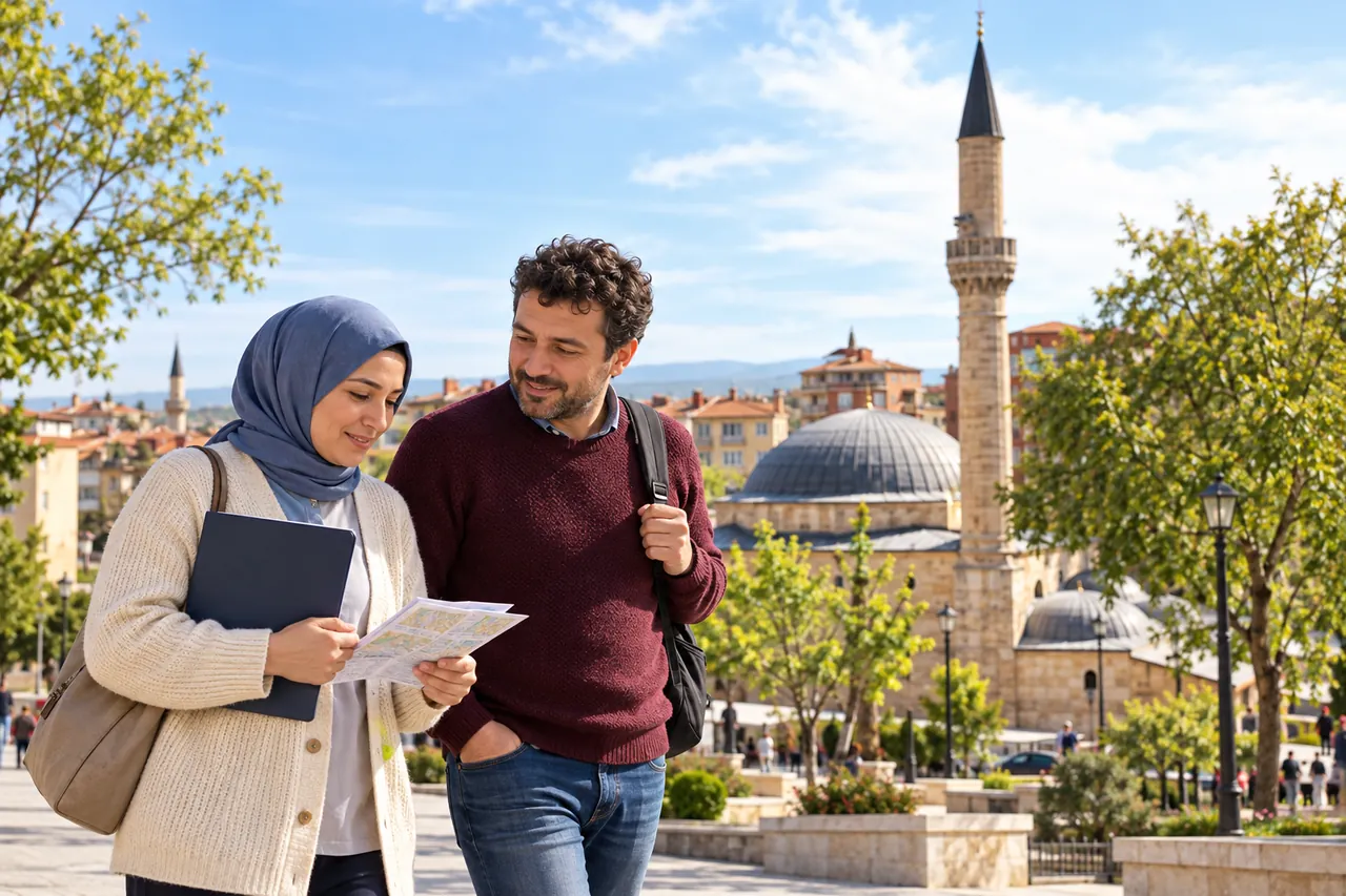Una pareja adulta pasea cerca de Aktekke en Karaman con una carpeta cerrada y notas de viaje para una cita en otra ciudad.