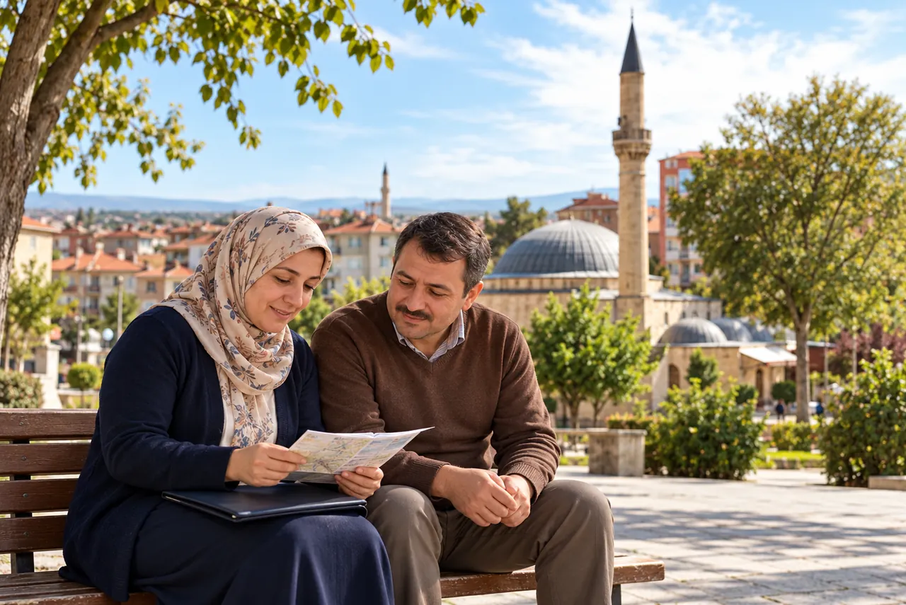 Karaman’da Aktekke çevresinde yetişkin bir çift, şehir dışındaki randevuları için kapalı bir dosya ve yolculuk notlarıyla birlikte oturuyor.