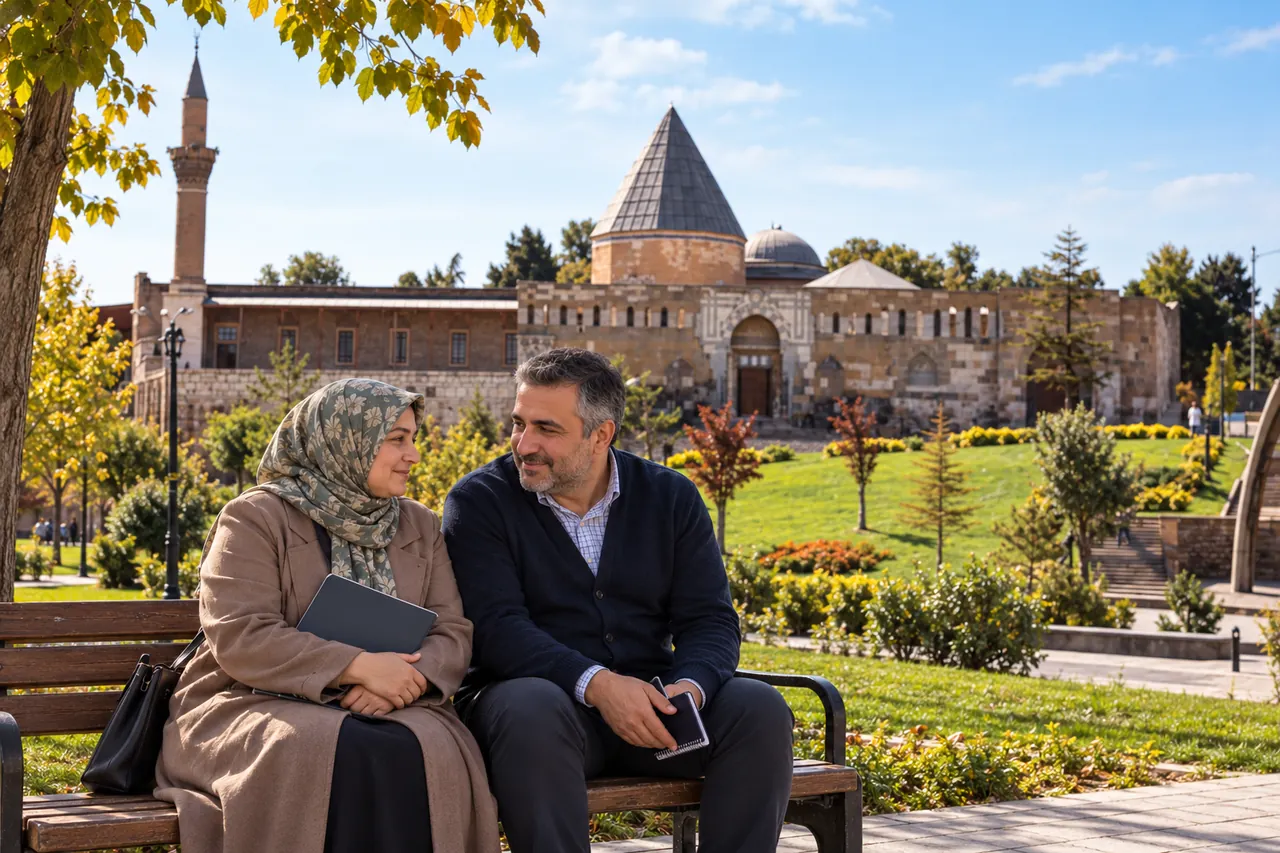 Ein erwachsenes Paar in Alltagskleidung sitzt mit einer geschlossenen Mappe und Terminnotizen im Grünen am Alaaddin-Hügel in Konya.