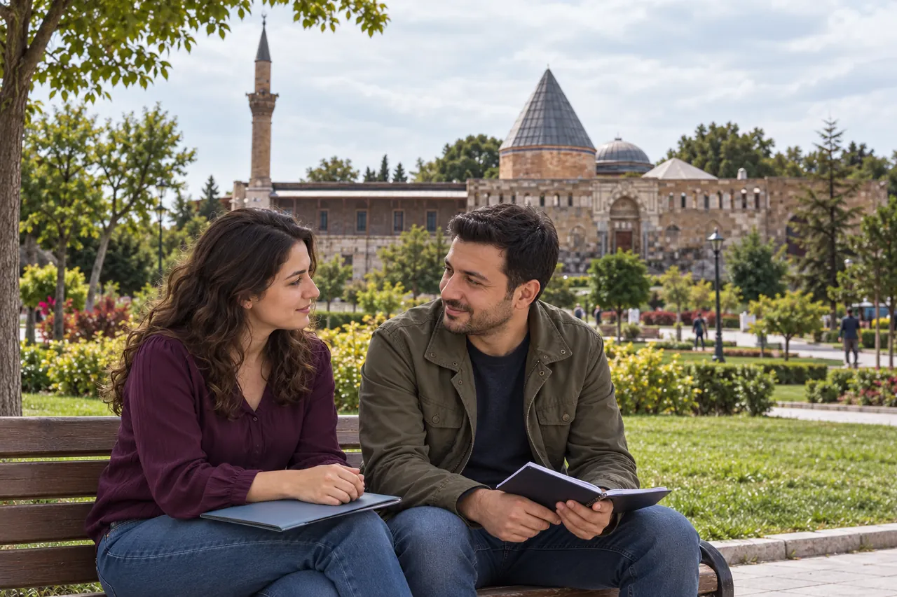 An adult couple in everyday clothes sits with a closed folder and appointment notes in the green surroundings of Alaaddin Hill in Konya.