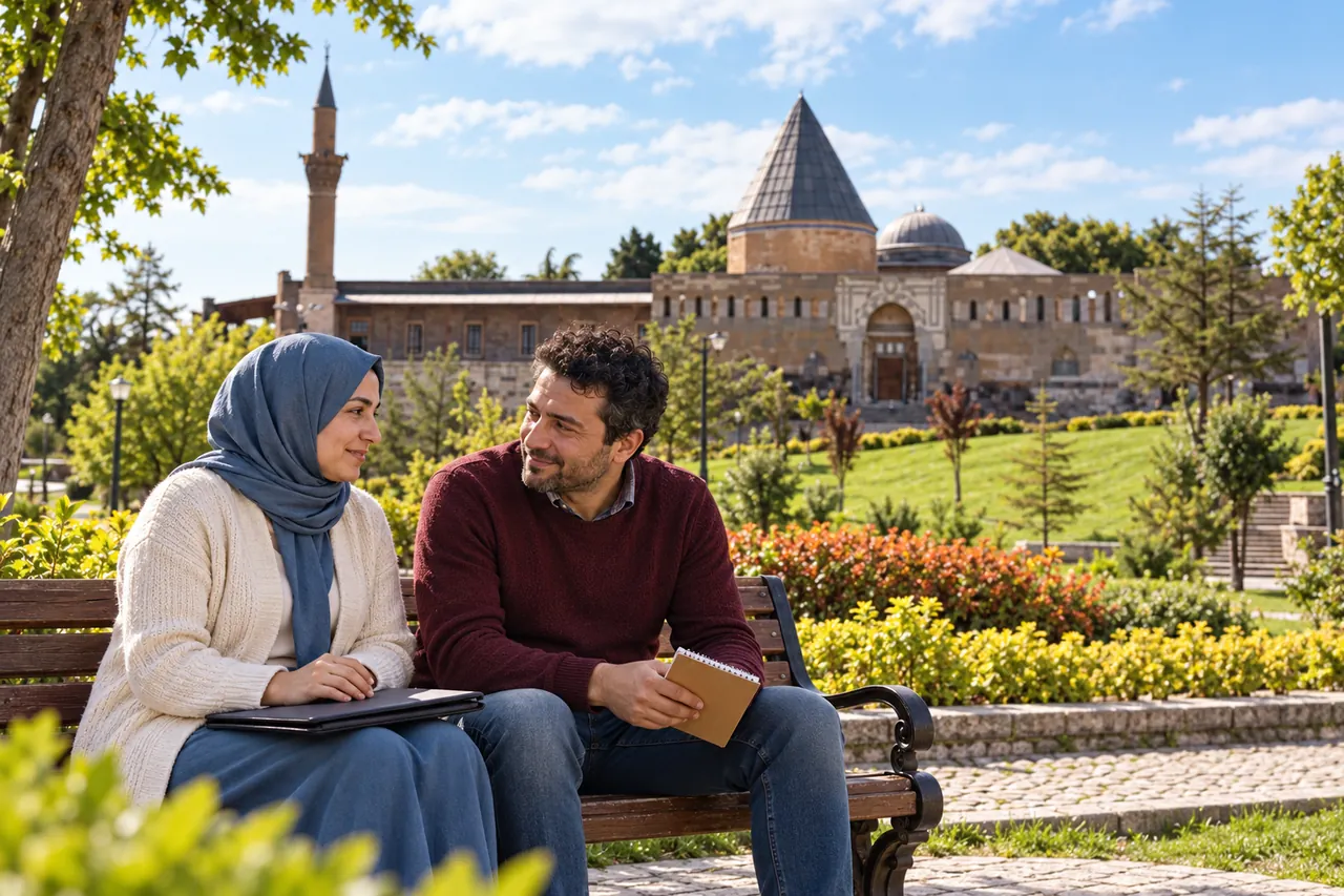 Una pareja adulta con ropa cotidiana se sienta con una carpeta cerrada y notas de la cita en el entorno verde de la colina de Alaaddin, Konya.