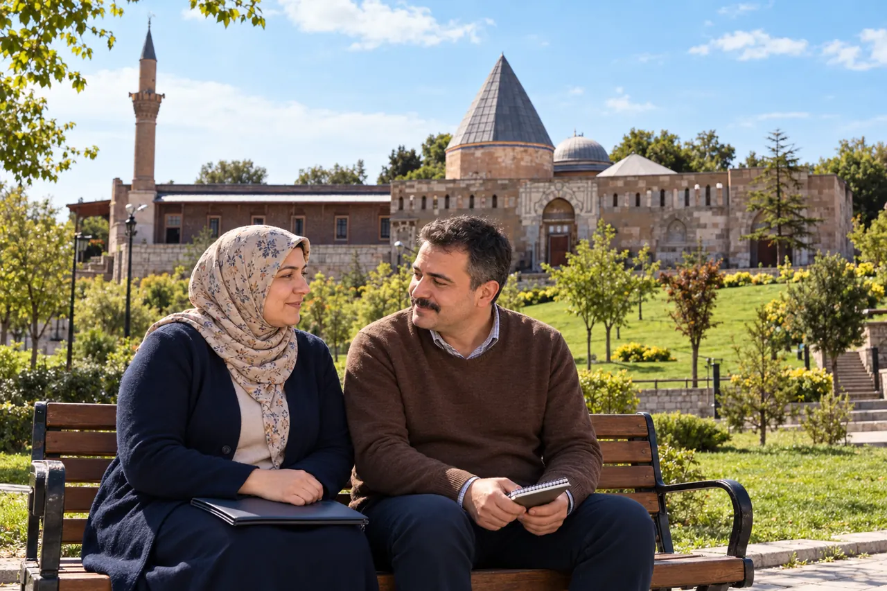 Konya’da Alaaddin Tepesi’nin yeşil çevresinde, günlük kıyafetleriyle yetişkin bir çift kapalı bir dosya ve randevu notlarıyla birlikte oturuyor.