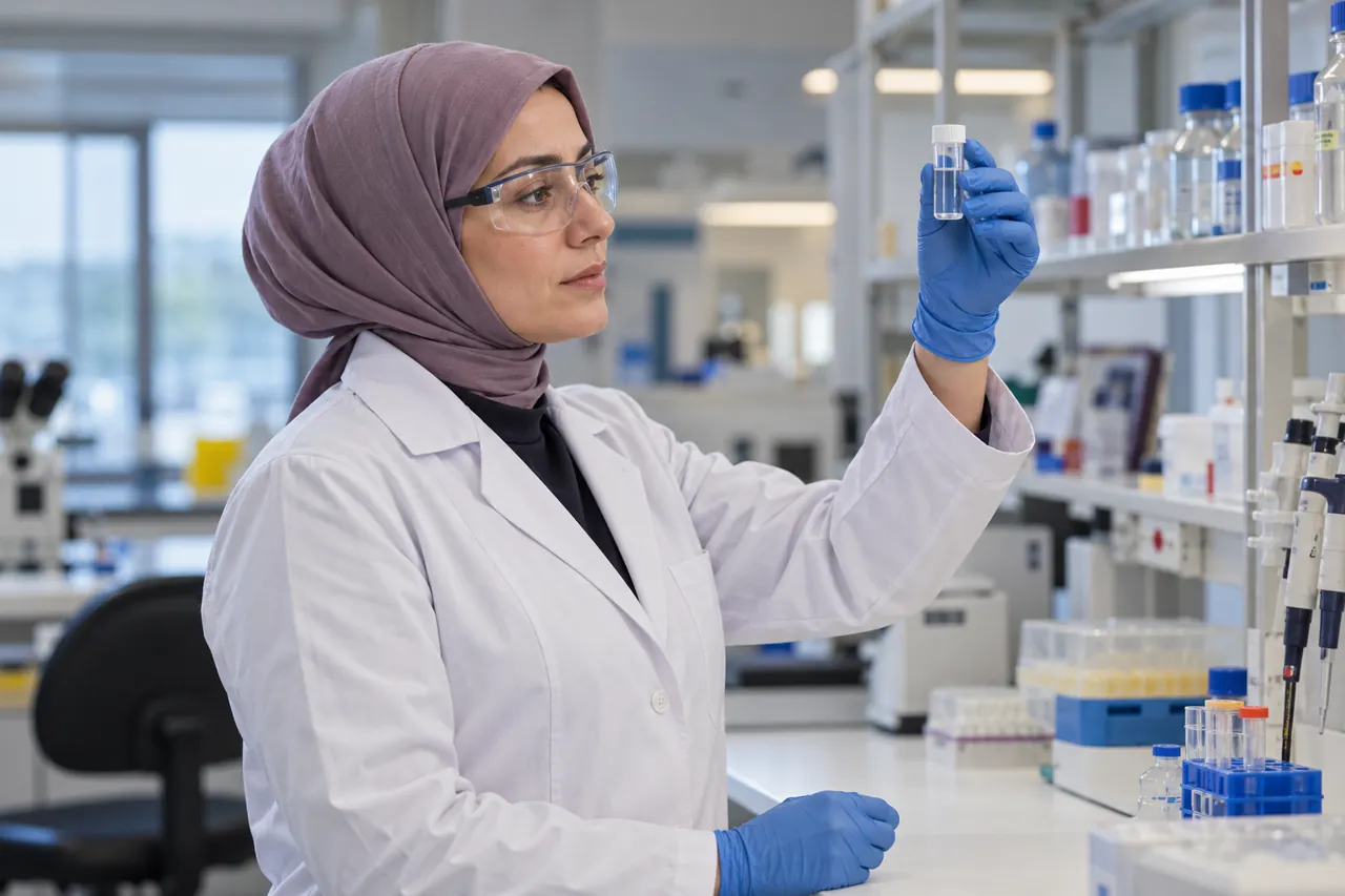 باحثة ترتدي حجاباً ونظارات واقية ومعطف مختبر تتفحص قارورة عينة مغلقة على طاولة بحثية نظيفة.