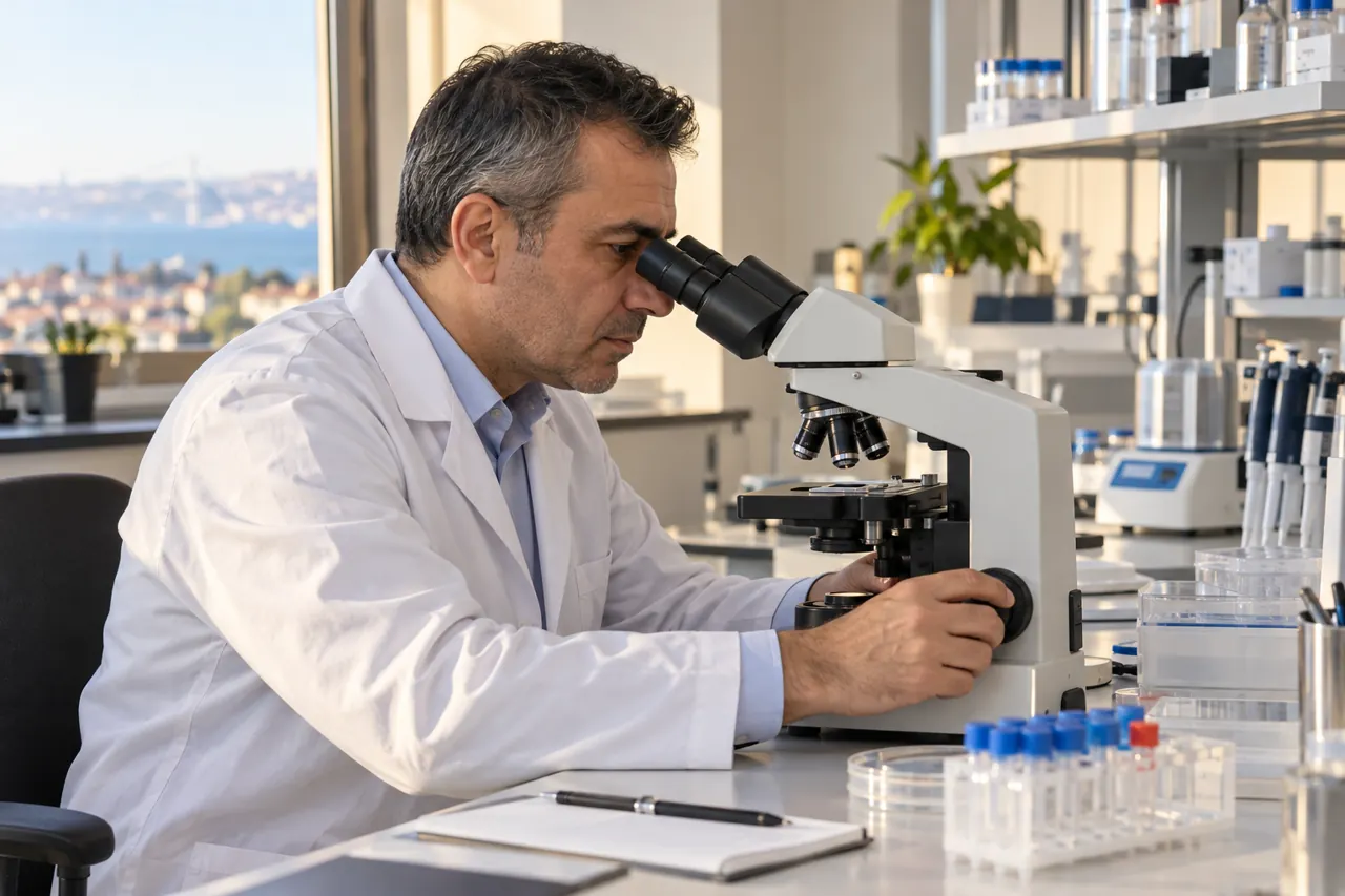 A researcher in a white laboratory coat examines a sample through an optical microscope at a naturally lit research bench.