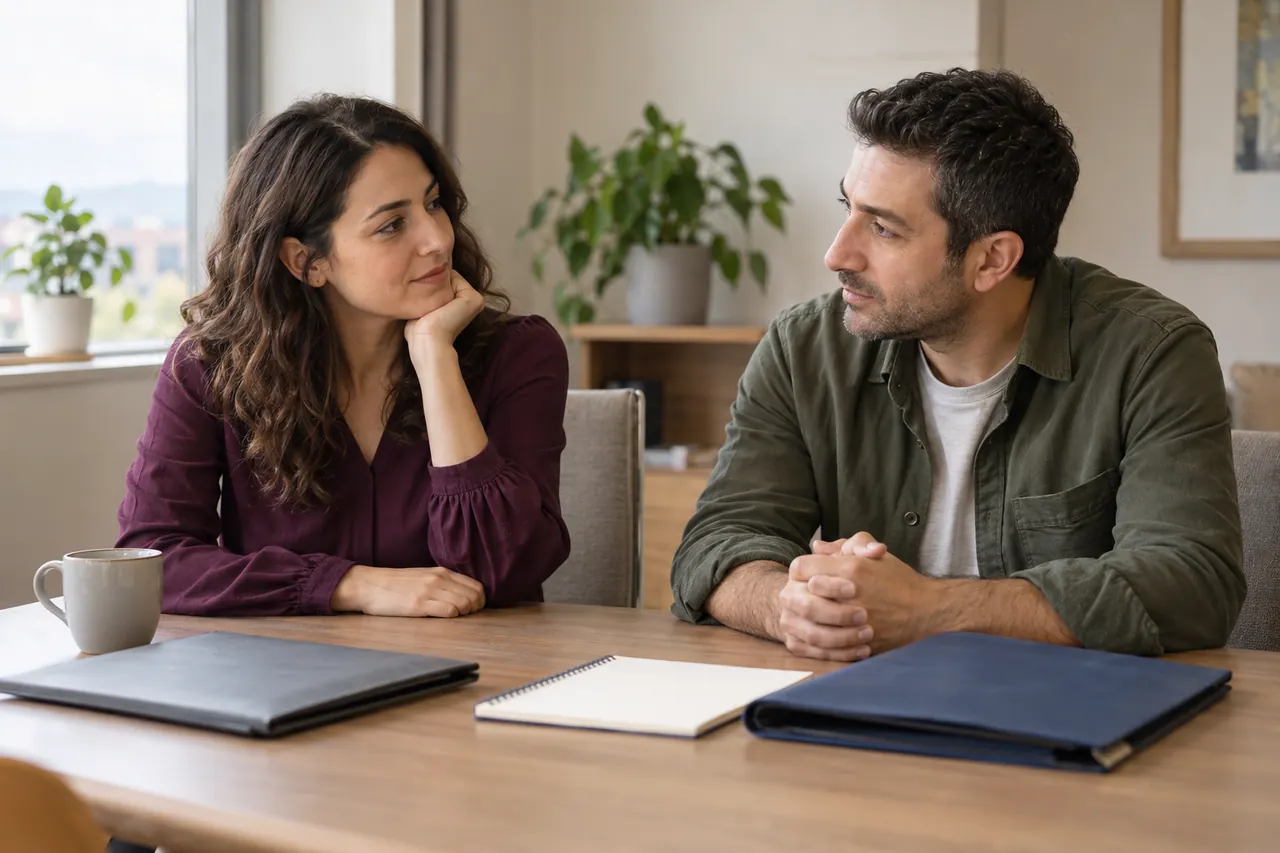 An adult couple considers a next step at a calm consultation table with closed report folders and a blank notebook.