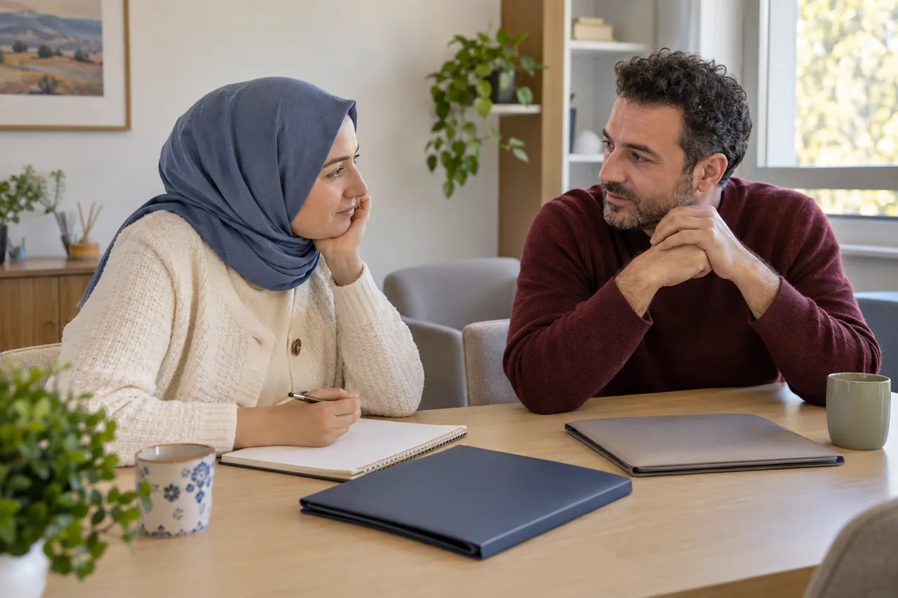 Una pareja adulta valora el siguiente paso en una mesa de consulta tranquila con carpetas de informes cerradas y un cuaderno en blanco.