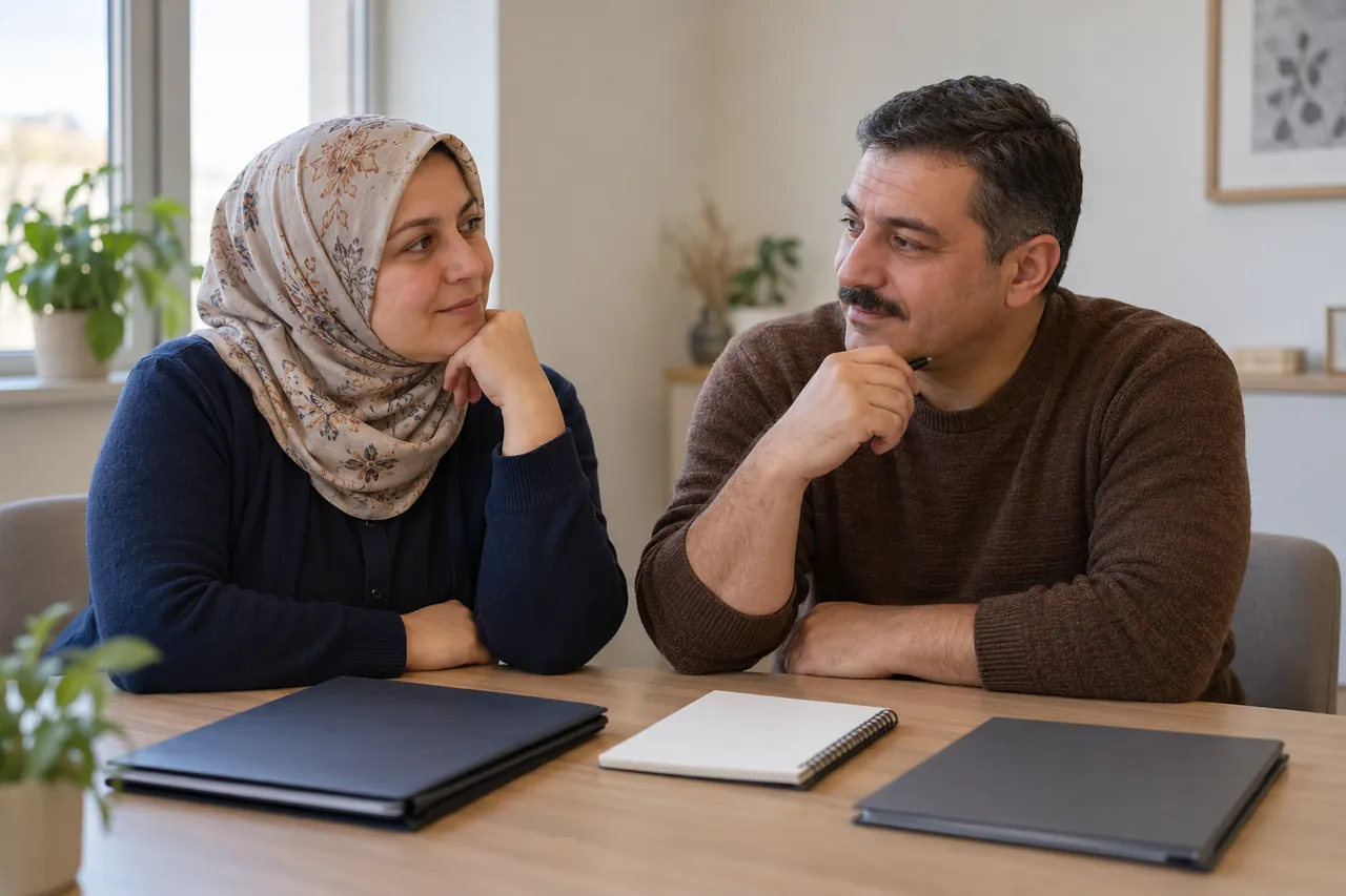 Yetişkin bir çift, sakin bir görüşme masasında kapalı rapor dosyaları ve boş bir not defteriyle bir sonraki adımı birlikte değerlendiriyor.