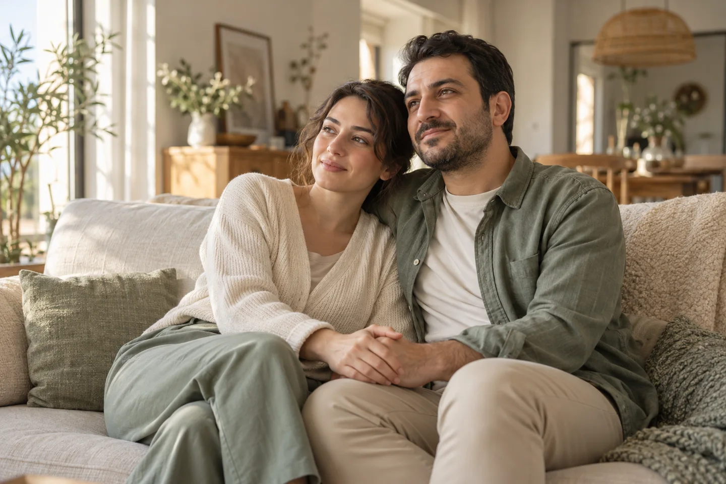 زوجان بالغان يجلسان معًا ويمسكان بأيدي بعضهما دعمًا لبعضهما