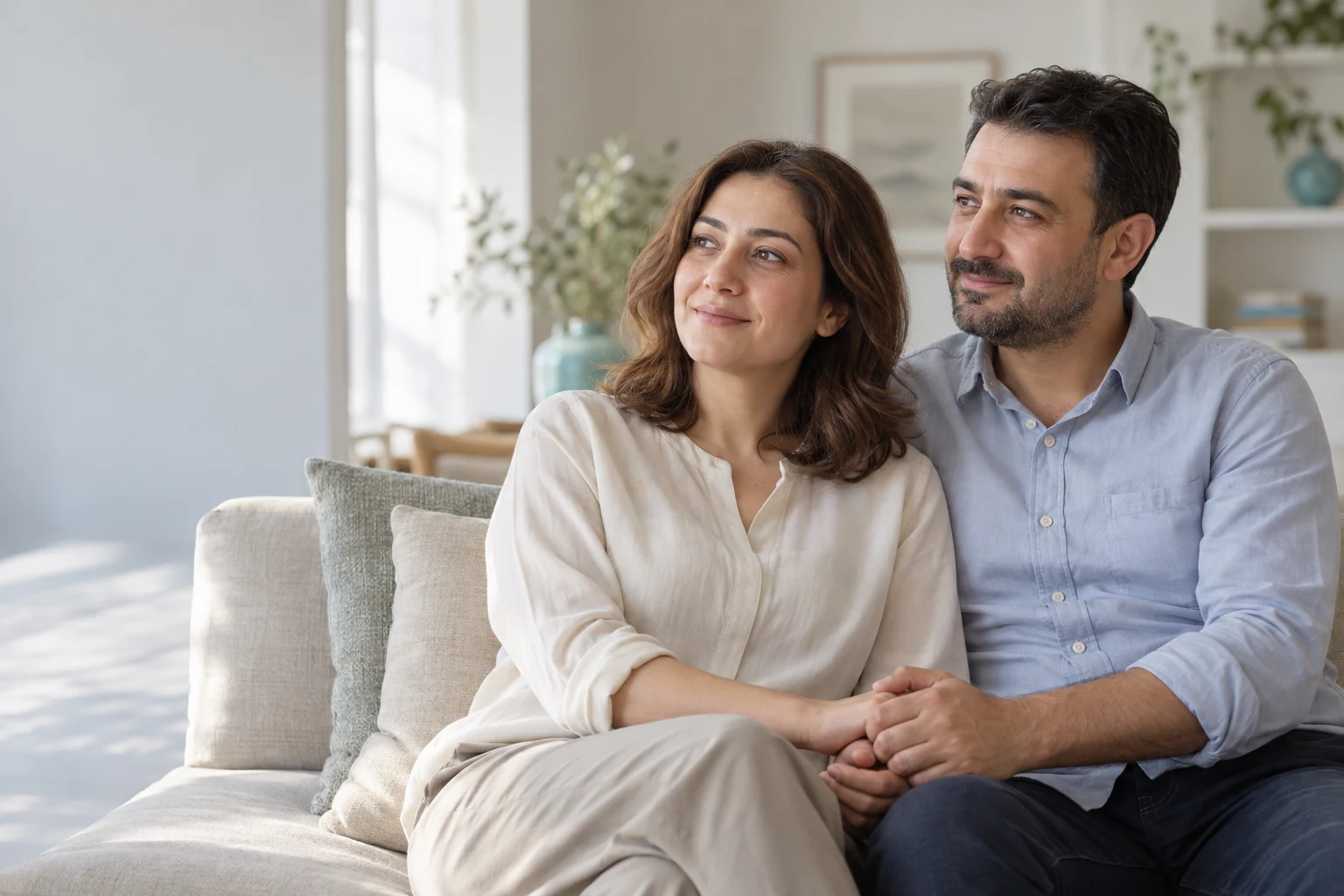 Gün ışığında yan yana oturan ve el ele tutuşan bir çift