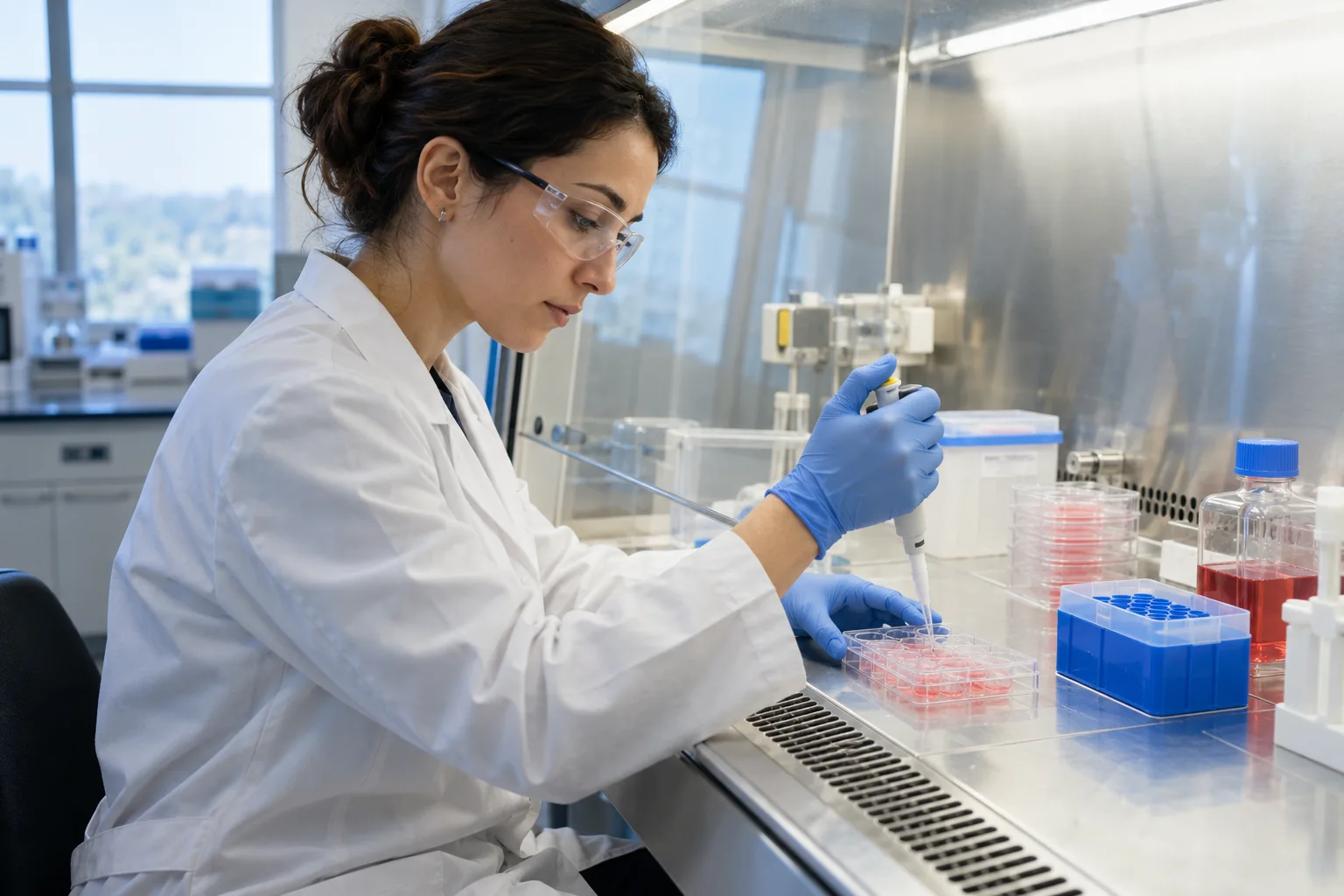Hücre kültürü kabininde pipetle çalışan, koruyucu gözlüklü bir araştırmacı