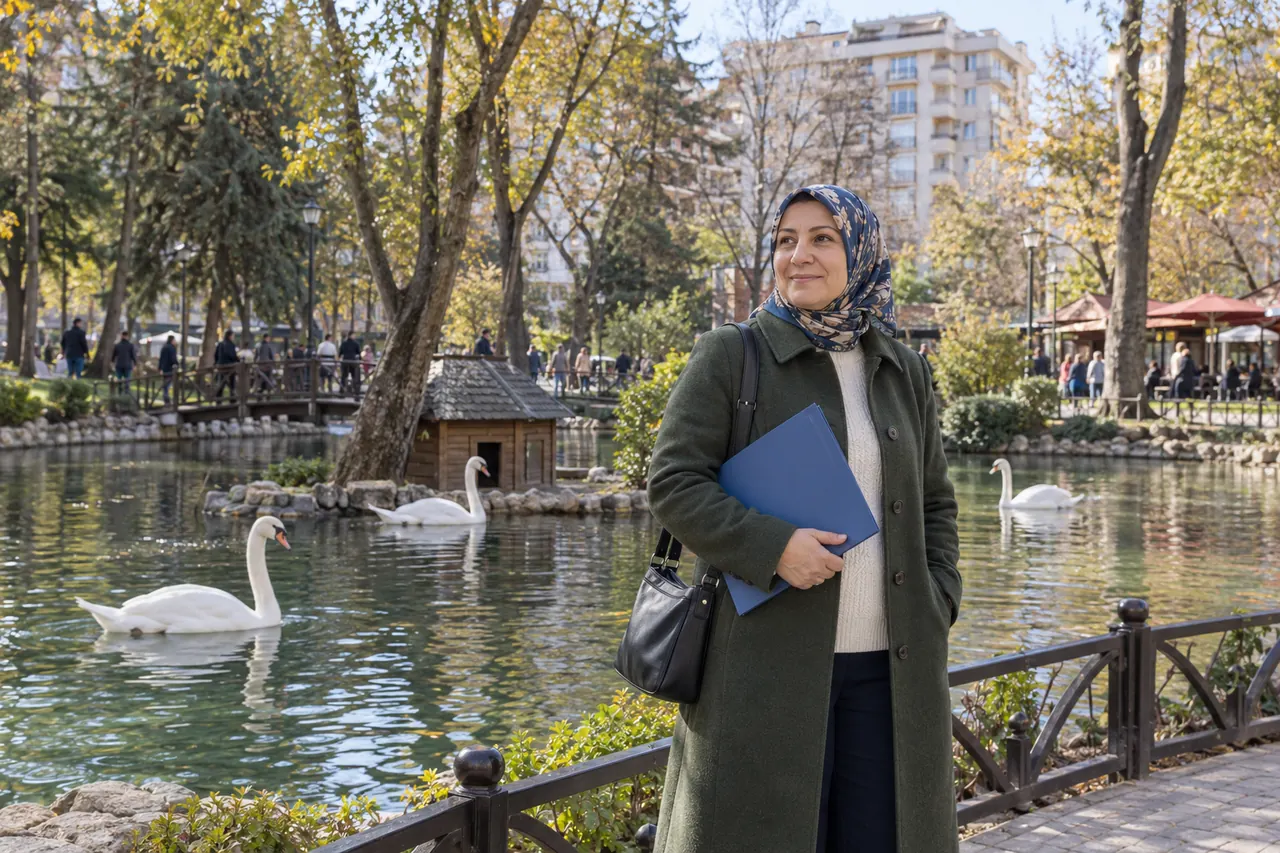 امرأة تقف قرب بركة البجع في حديقة كوغولو بأنقرة، وتحمل ملفاً مغلقاً.