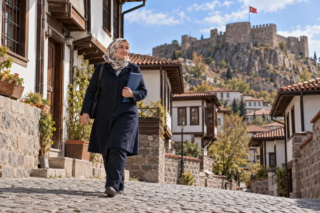 A woman carrying a folder walks through an old Ankara neighborhood, with traditional houses and the castle behind her.