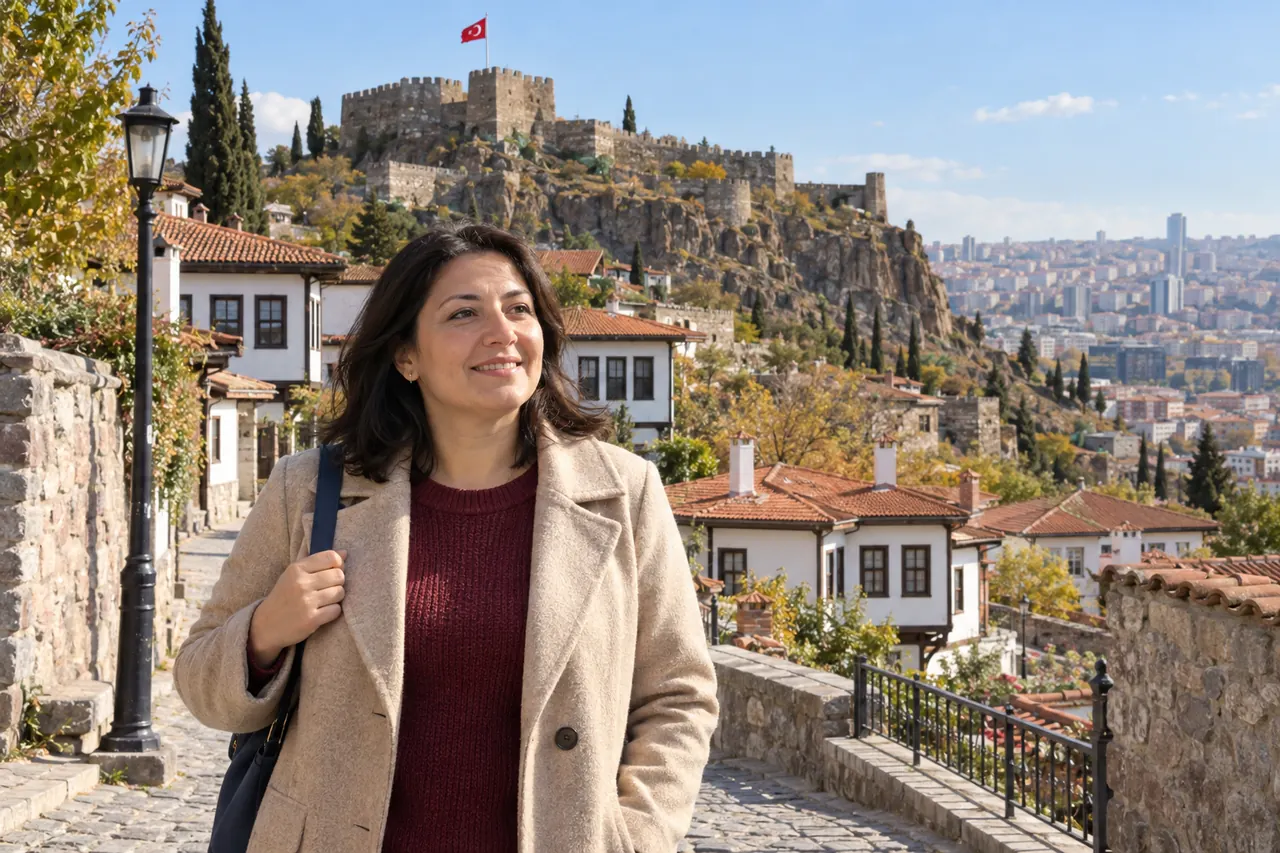 Una mujer se detiene en una calle próxima al castillo de Ankara, con sus murallas y casas tradicionales al fondo.