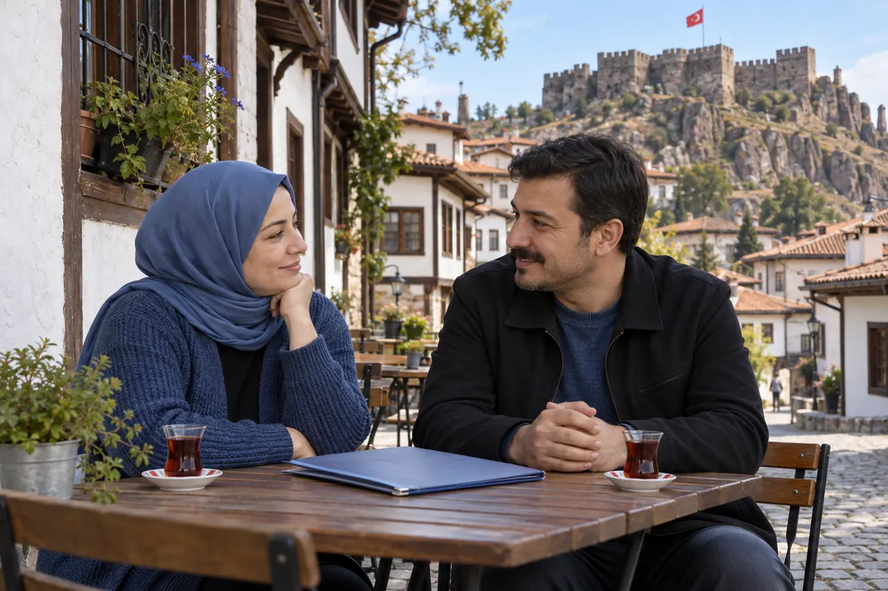 Ein erwachsenes Paar sitzt in einer Altstadtgasse von Ankara zwischen traditionellen Häusern nahe der Burg.
