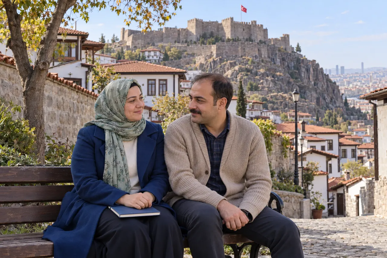 Una pareja adulta se sienta cerca de las calles tradicionales y las murallas del castillo de Ankara.