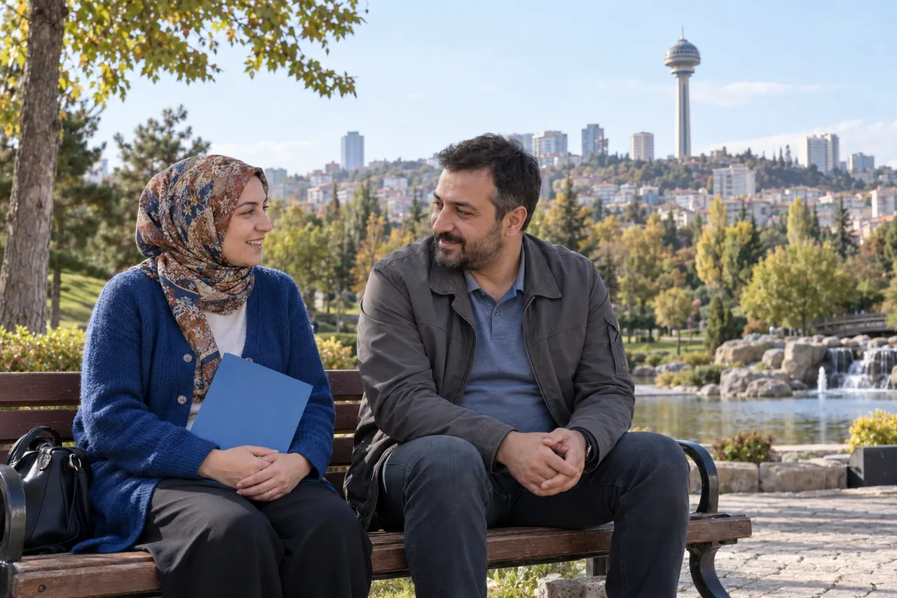 Ankara Botanik Park’ta yetişkin bir çift oturuyor; arka planda Atakule görülüyor.