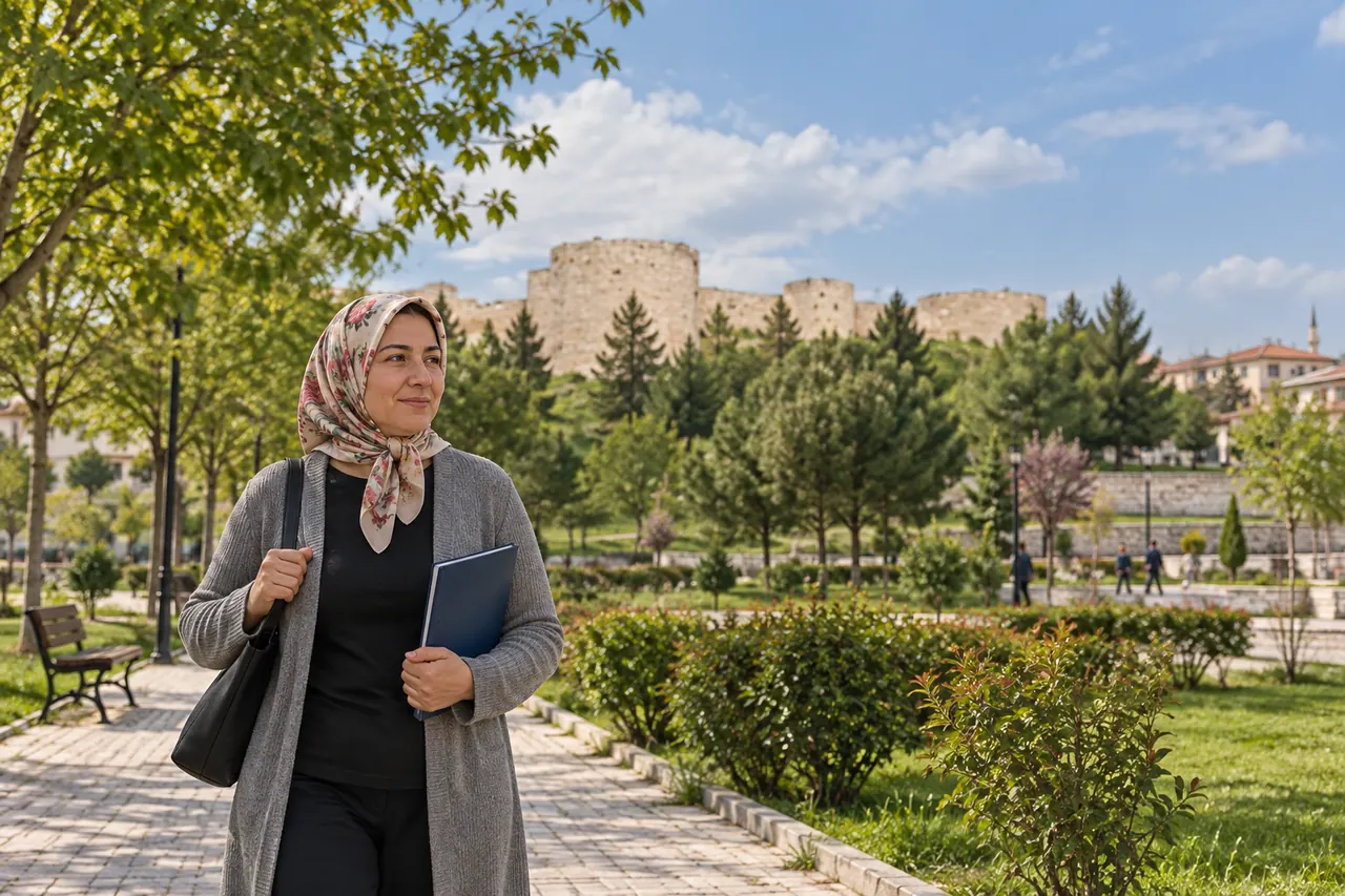 امرأة تحمل حقيبة وملفاً مغلقاً قرب المساحات الخضراء وأسوار قلعة قرمان الحجرية.