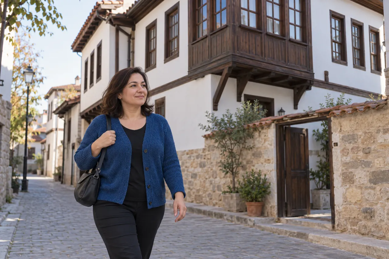 Eine Frau geht durch eine traditionelle Straße in Karaman, mit der weißen Fassade und den Holzfenstern eines historischen Hauses im Hintergrund.