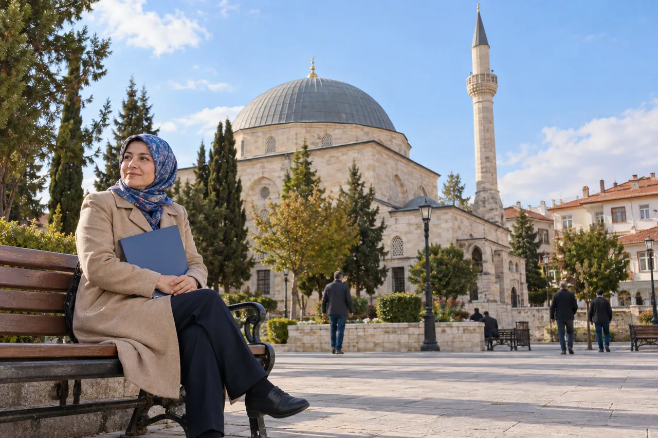 A woman with a closed folder sits near Aktekke Mosque in Karaman, with its broad dome and slender minaret behind her.