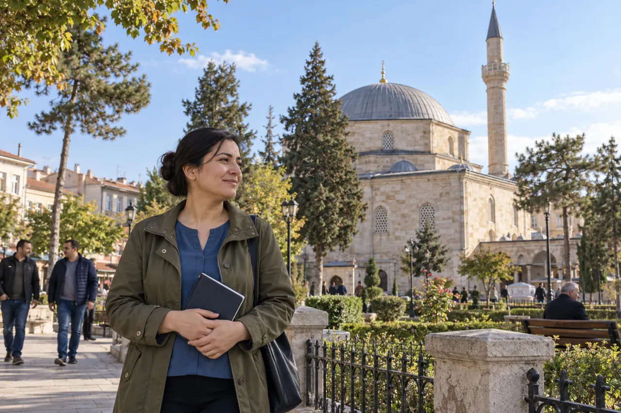 Una mujer con un cuaderno cerrado se detiene cerca del jardín de la mezquita Aktekke en Karaman.