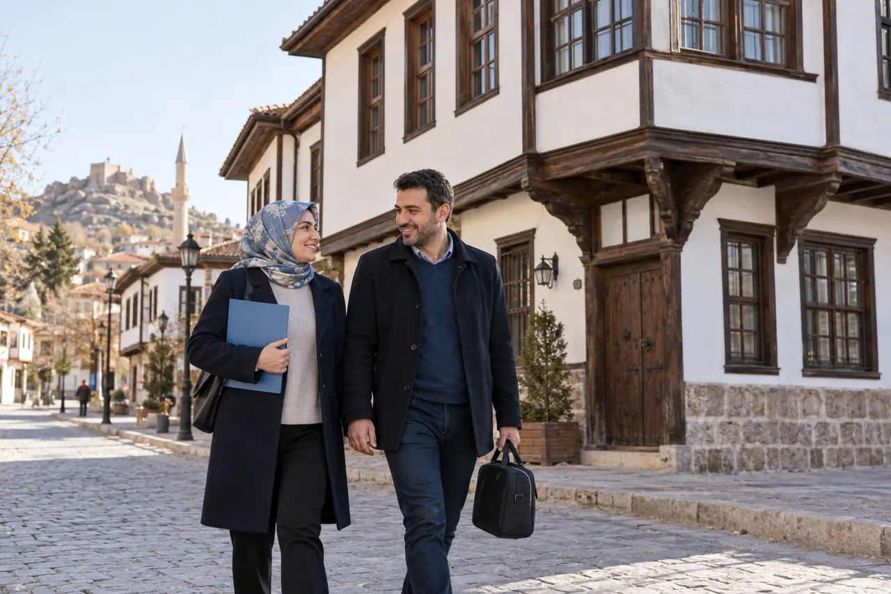 Ein erwachsenes Paar geht mit einer geschlossenen Mappe und einer kleinen Tasche durch eine traditionelle Straße in Karaman.