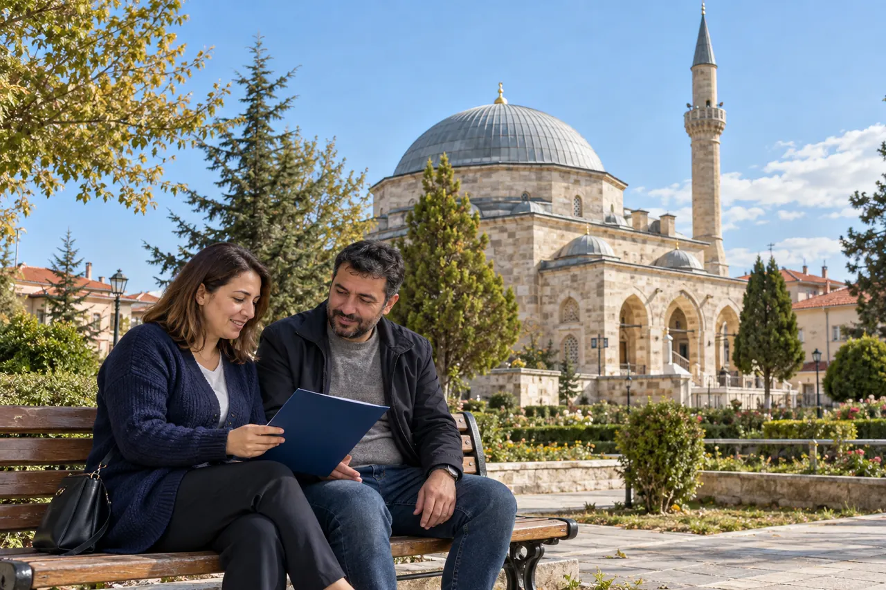 An adult couple with a closed folder sit on a bench near Aktekke Mosque in Karaman.