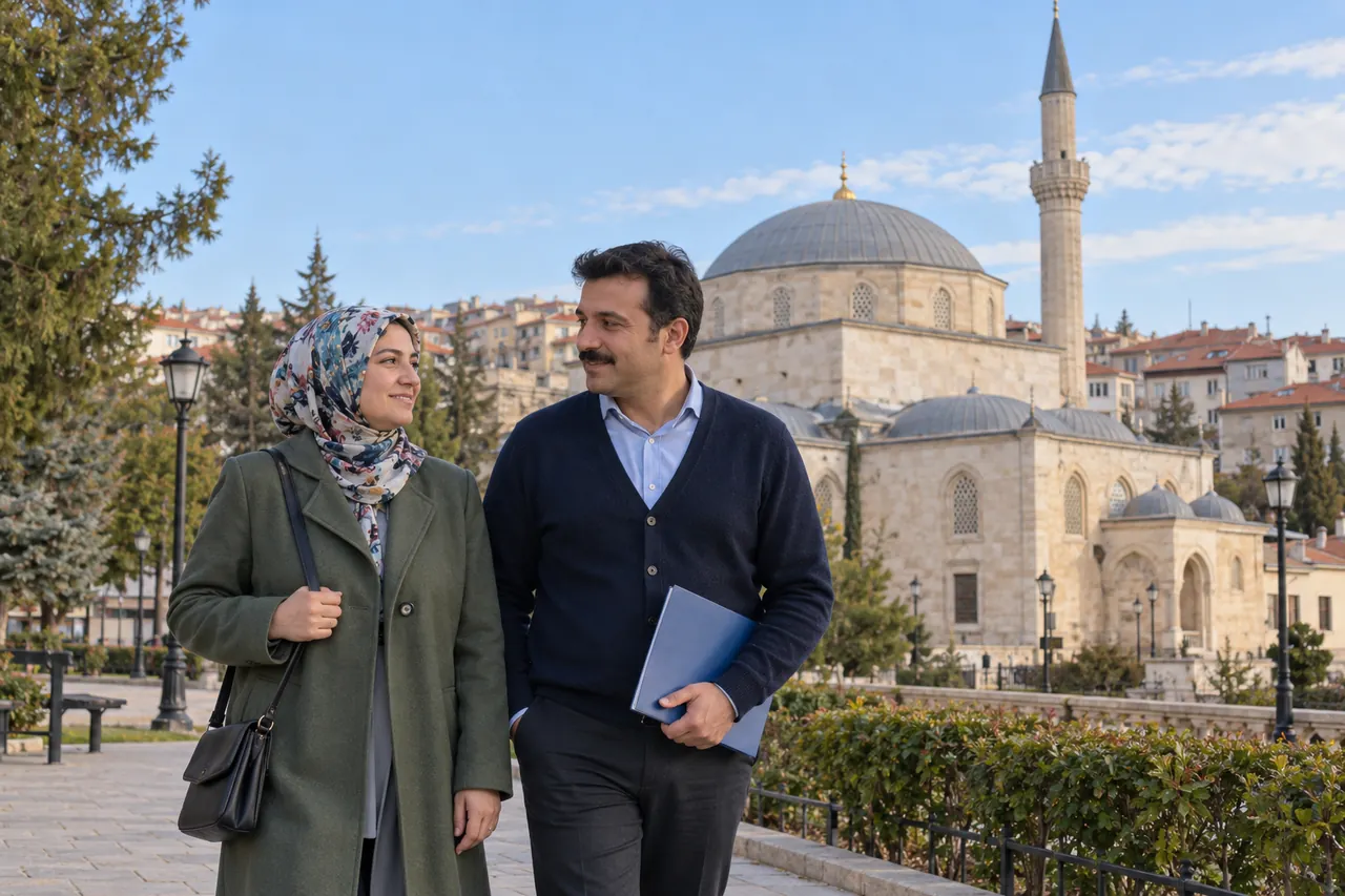 Una pareja adulta con una carpeta cerrada está junto a los jardines de la mezquita Aktekke en Karaman.