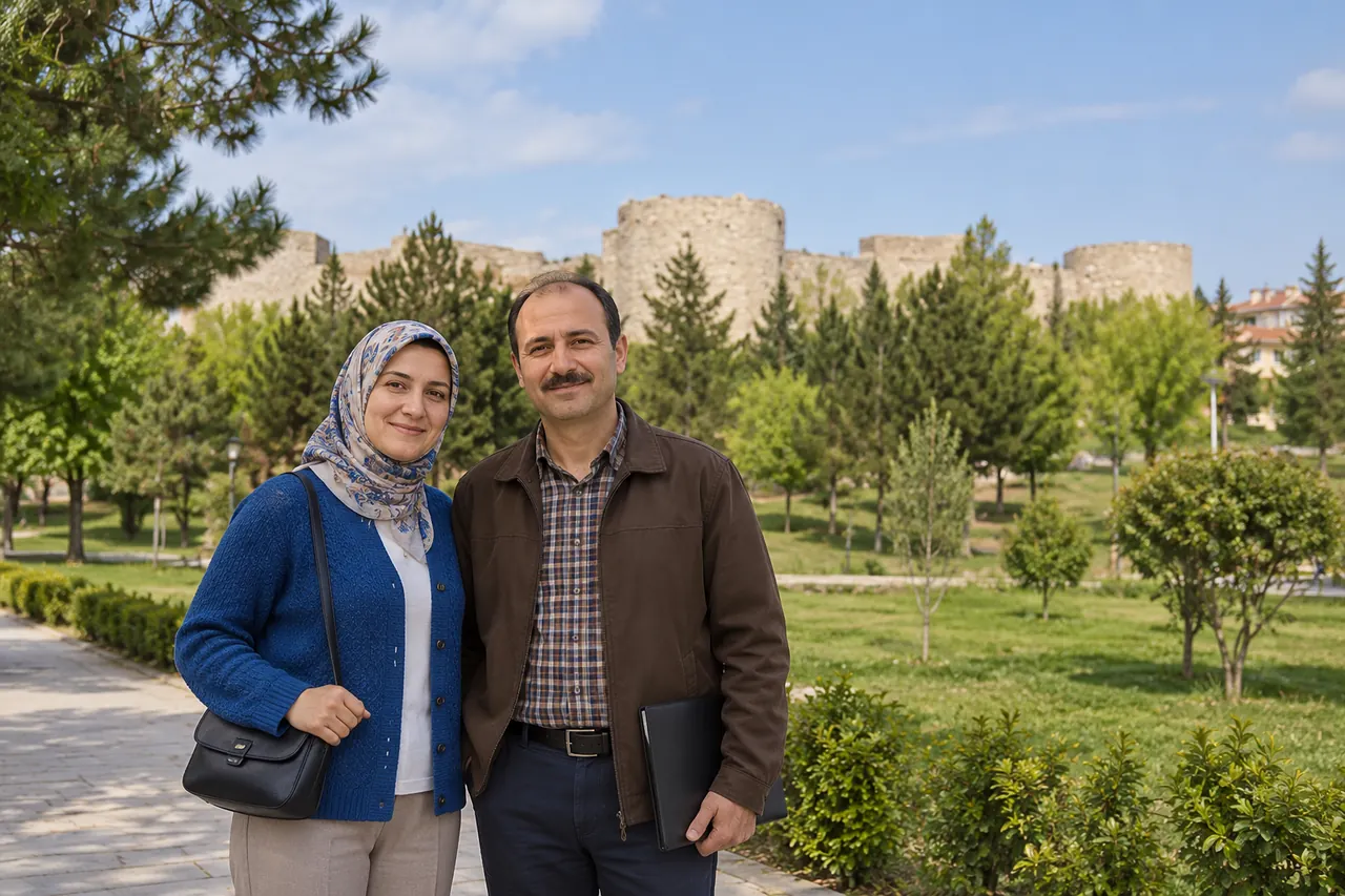 Karaman Kalesi çevresinde bir çift, kapalı dosya ve günlük çantalarıyla birlikte duruyor.